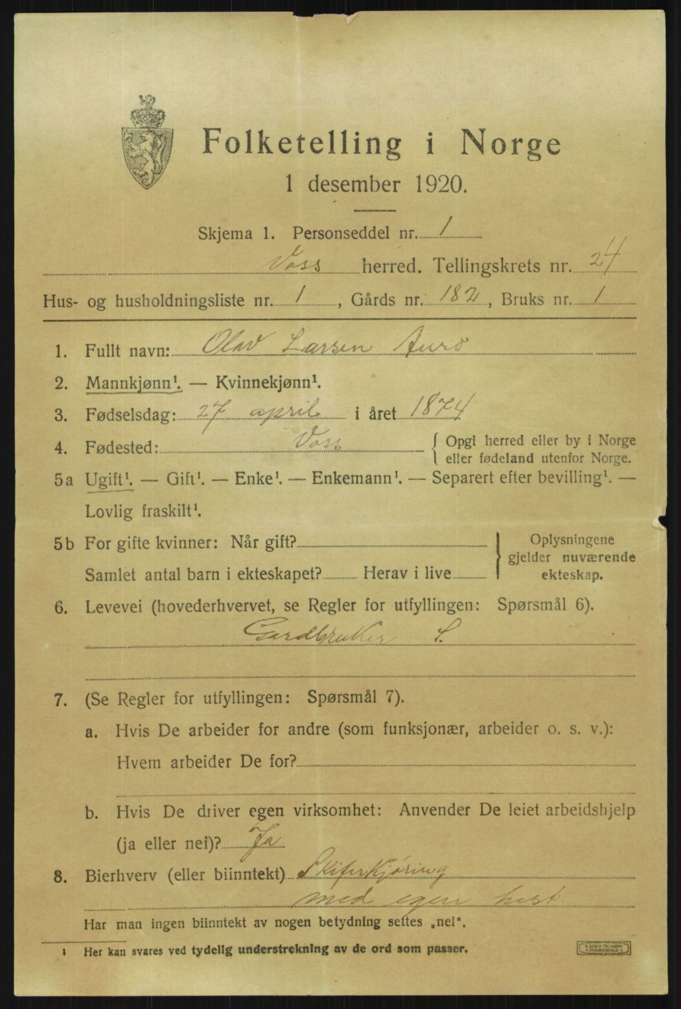 SAB, 1920 census for Voss, 1920, p. 16053