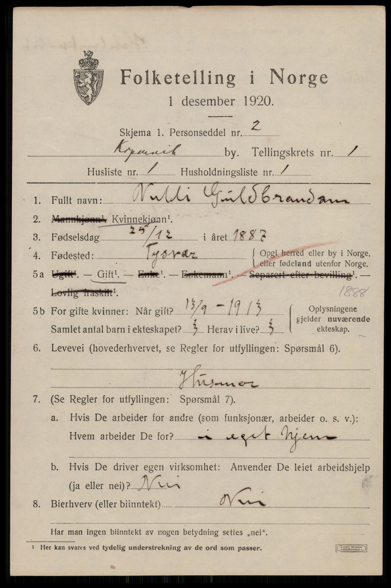 SAST, 1920 census for Kopervik, 1920, p. 1390