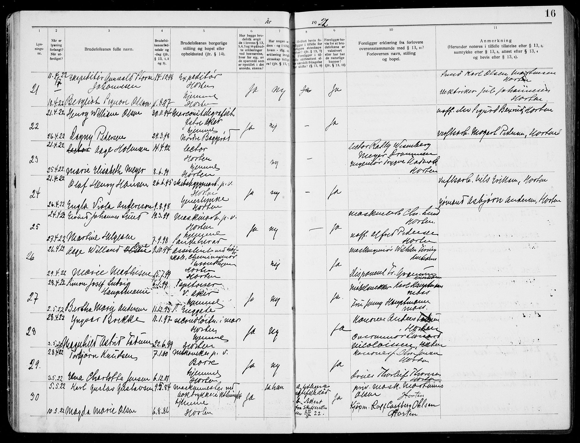 Horten kirkebøker, AV/SAKO-A-348/H/Ha/L0006: Banns register no. 6, 1920-1934, p. 16