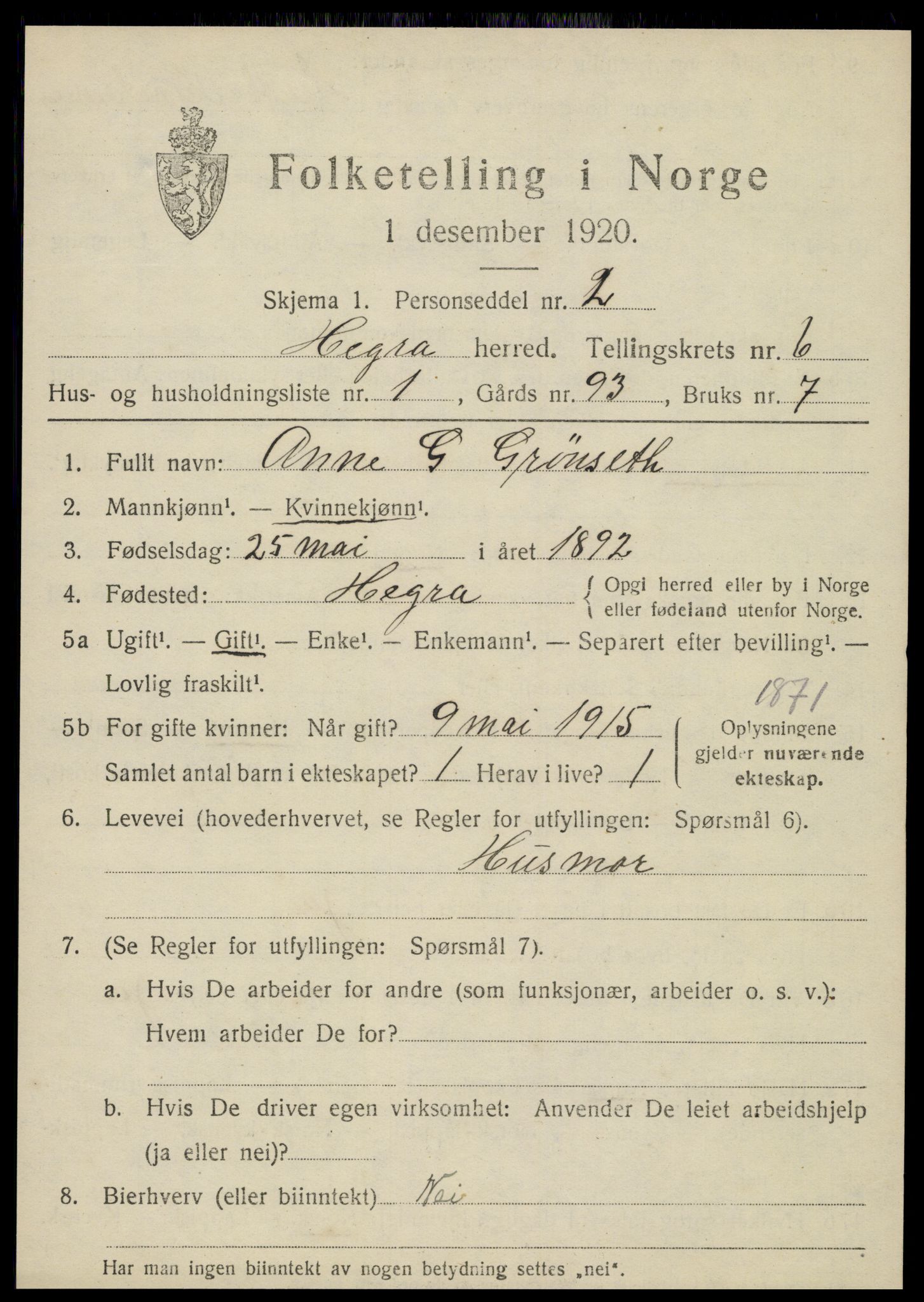 SAT, 1920 census for Hegra, 1920, p. 4858