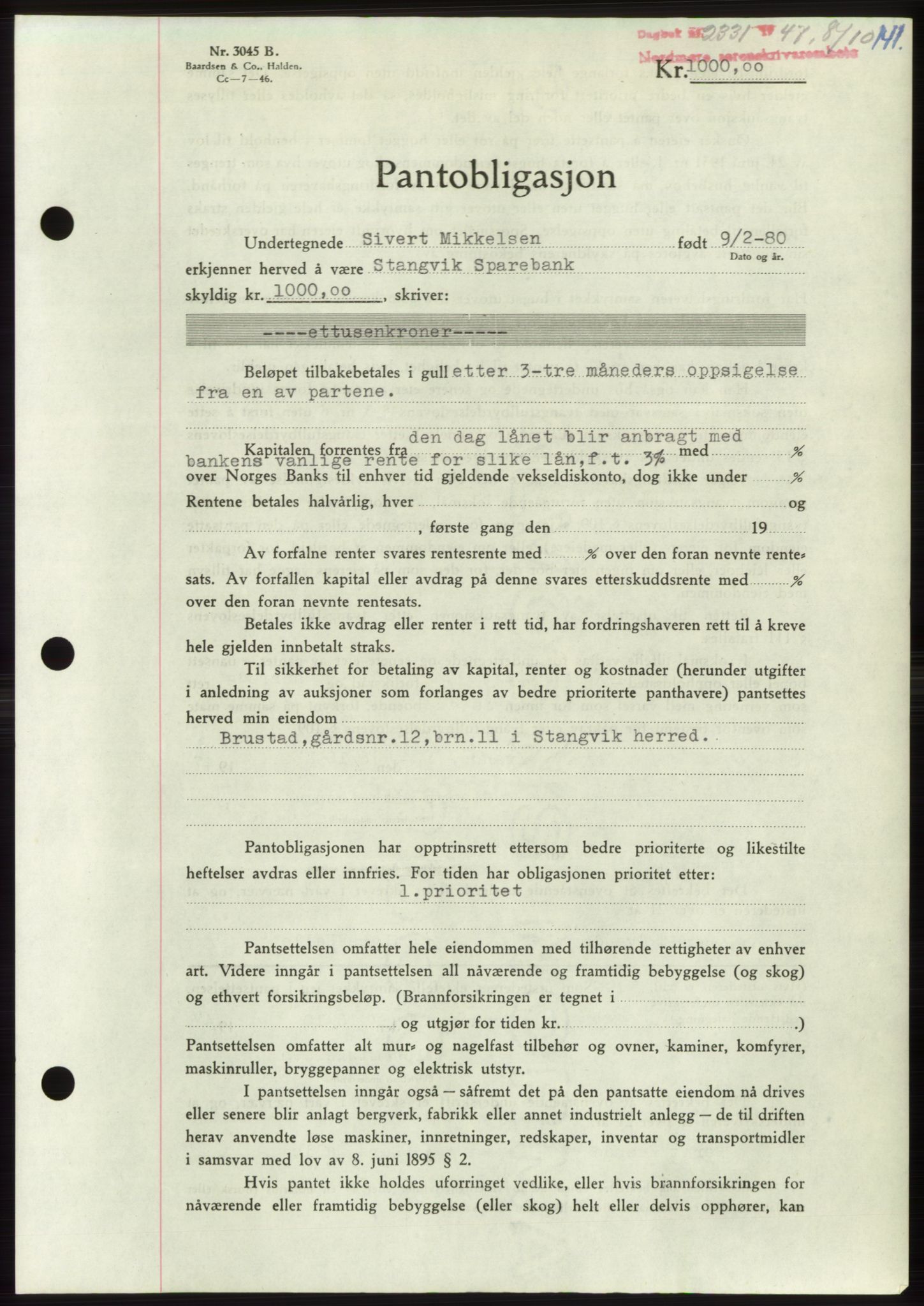 Nordmøre sorenskriveri, AV/SAT-A-4132/1/2/2Ca: Mortgage book no. B97, 1947-1948, Diary no: : 2331/1947