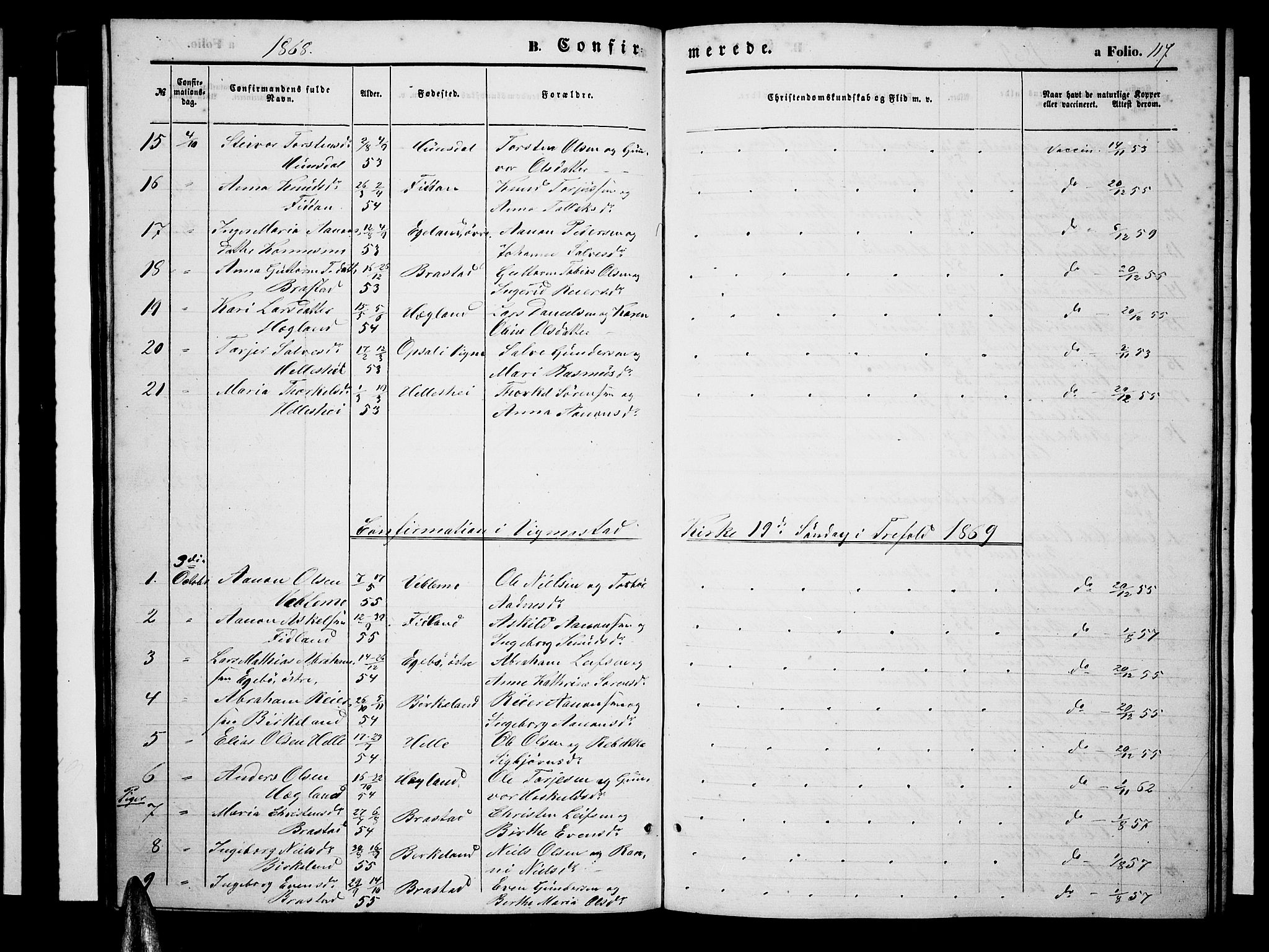 Nord-Audnedal sokneprestkontor, AV/SAK-1111-0032/F/Fb/Fba/L0002: Parish register (copy) no. B 2, 1856-1882, p. 117