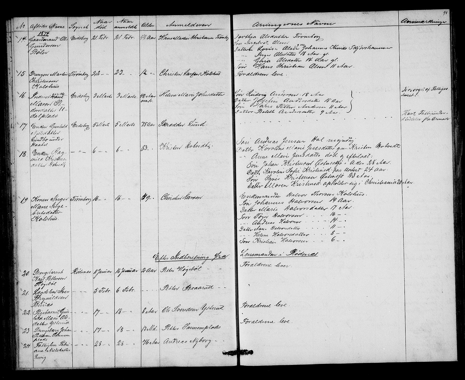 Rakkestad sorenskriveri, SAO/A-10686/H/Ha/Haa/L0004: Dødsanmeldelsesprotokoller, 1869-1878, p. 98