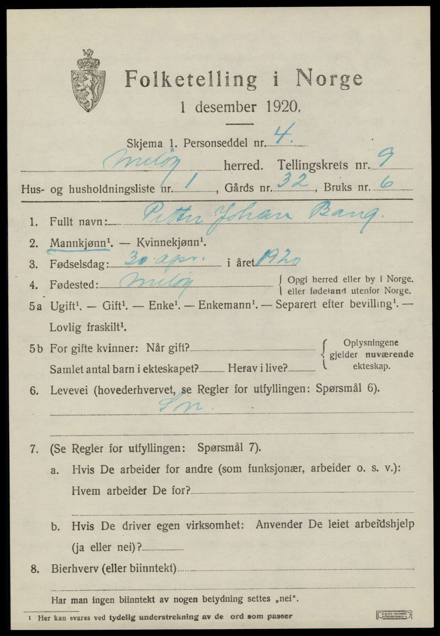 SAT, 1920 census for Meløy, 1920, p. 4409