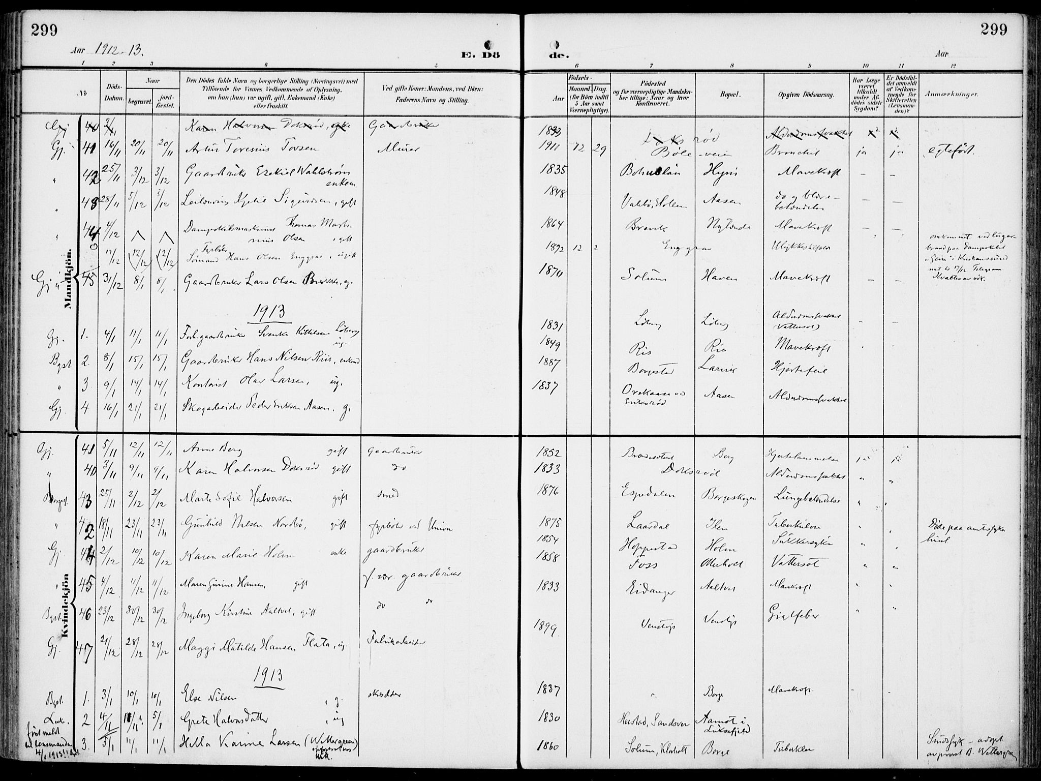 Gjerpen kirkebøker, SAKO/A-265/F/Fa/L0012: Parish register (official) no. I 12, 1905-1913, p. 299