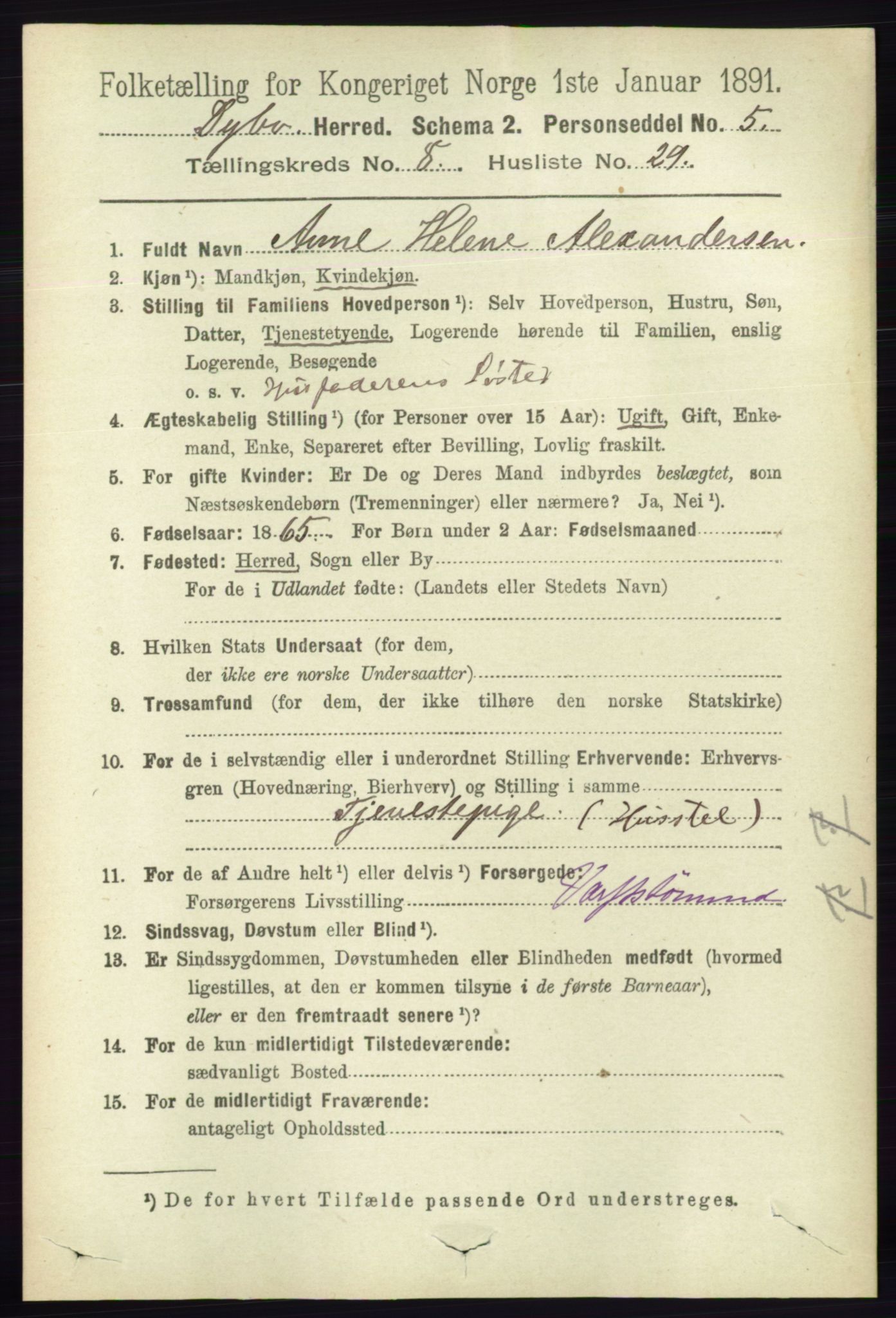 RA, 1891 census for 0915 Dypvåg, 1891, p. 2885