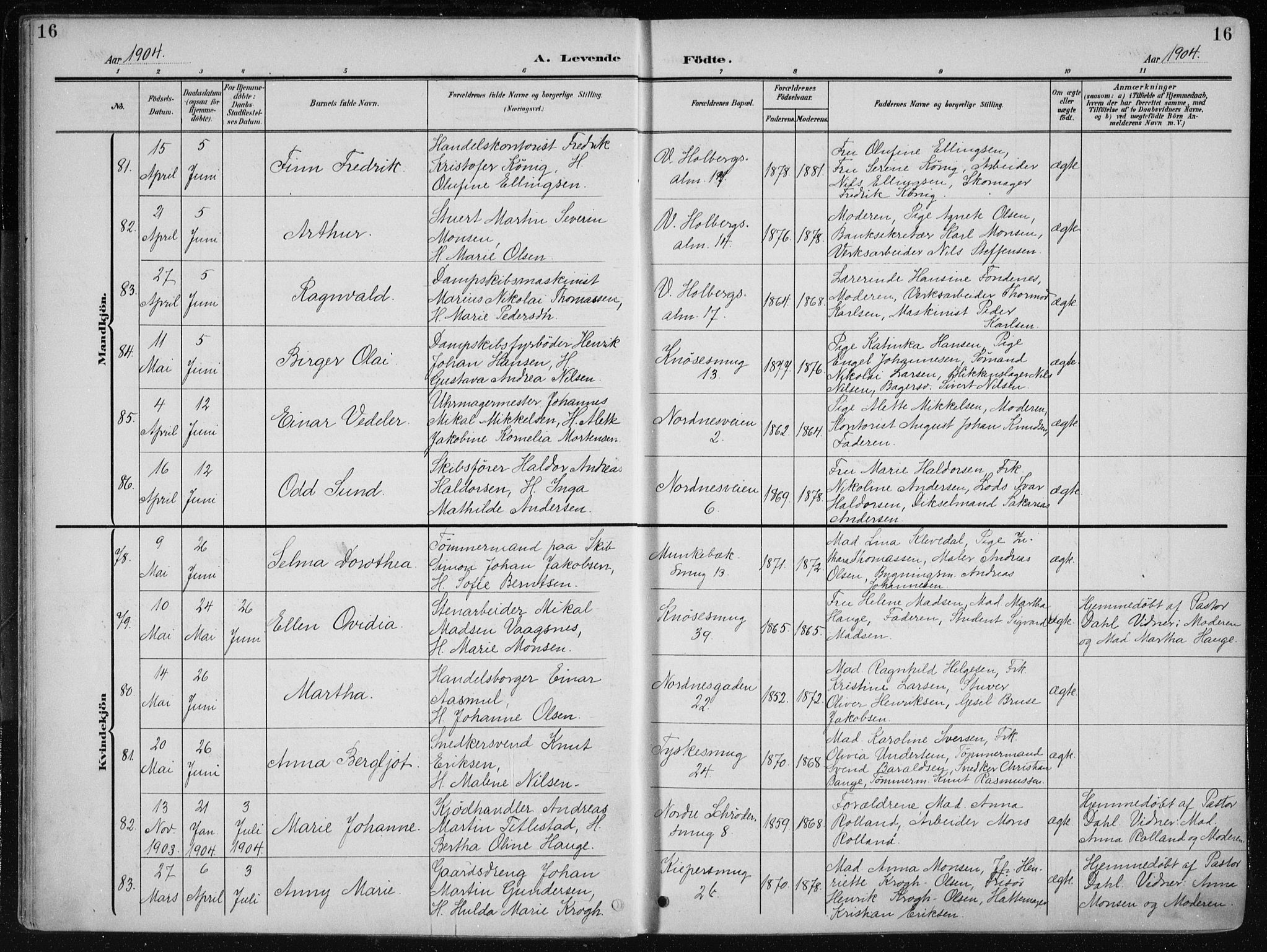 Nykirken Sokneprestembete, SAB/A-77101/H/Haa/L0019: Parish register (official) no. B 7, 1904-1916, p. 16