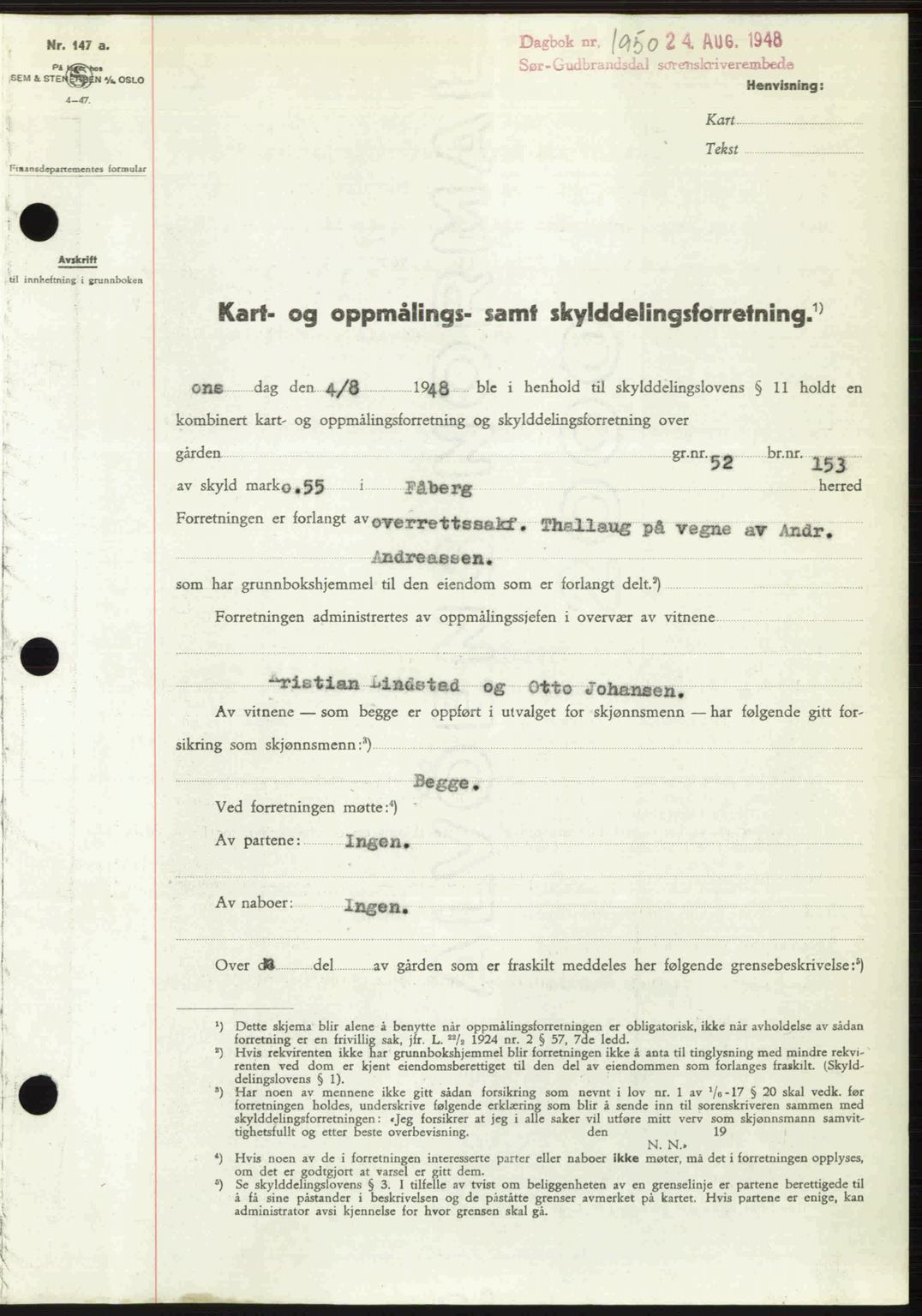 Sør-Gudbrandsdal tingrett, SAH/TING-004/H/Hb/Hbd/L0022: Mortgage book no. A22, 1948-1948, Diary no: : 1950/1948