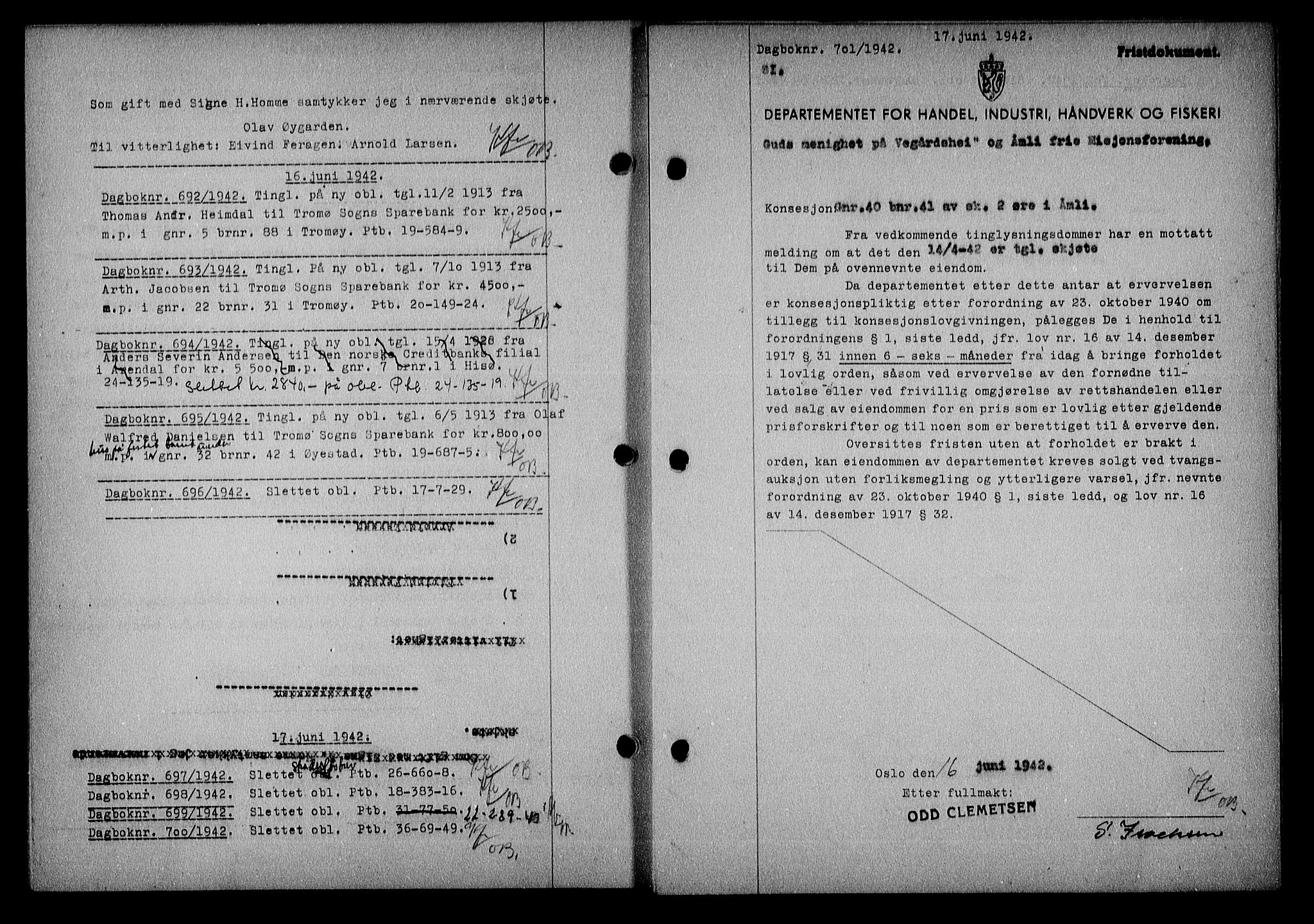 Nedenes sorenskriveri, SAK/1221-0006/G/Gb/Gba/L0049: Mortgage book no. A-III, 1941-1942, Diary no: : 701/1942