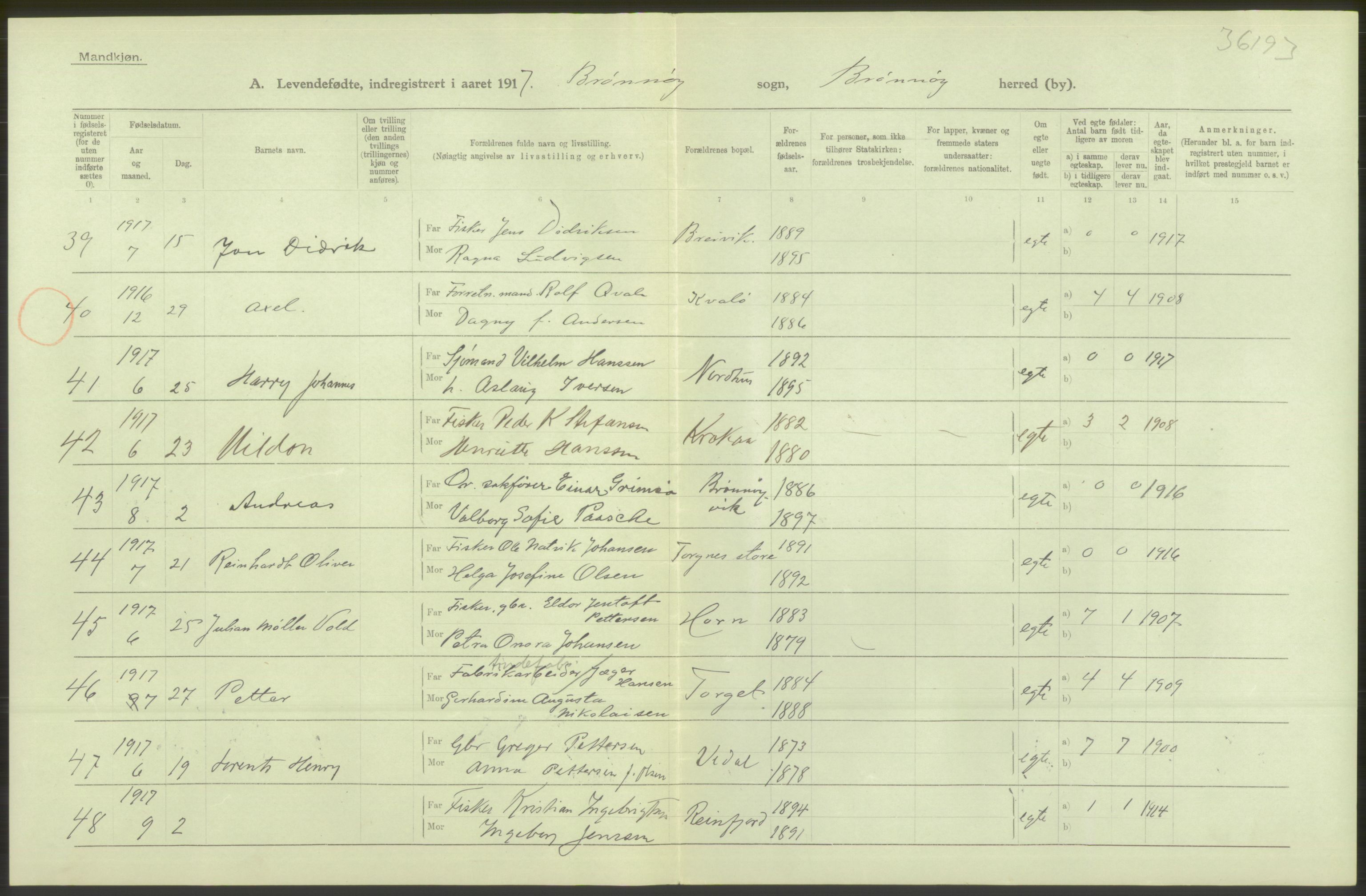 Statistisk sentralbyrå, Sosiodemografiske emner, Befolkning, AV/RA-S-2228/D/Df/Dfb/Dfbg/L0050: Nordlands amt: Levendefødte menn og kvinner. Bygder., 1917, p. 616