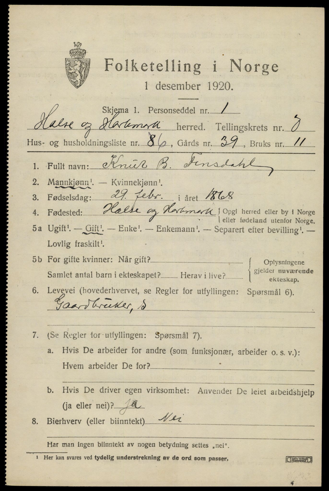 SAK, 1920 census for Halse og Harkmark, 1920, p. 3773