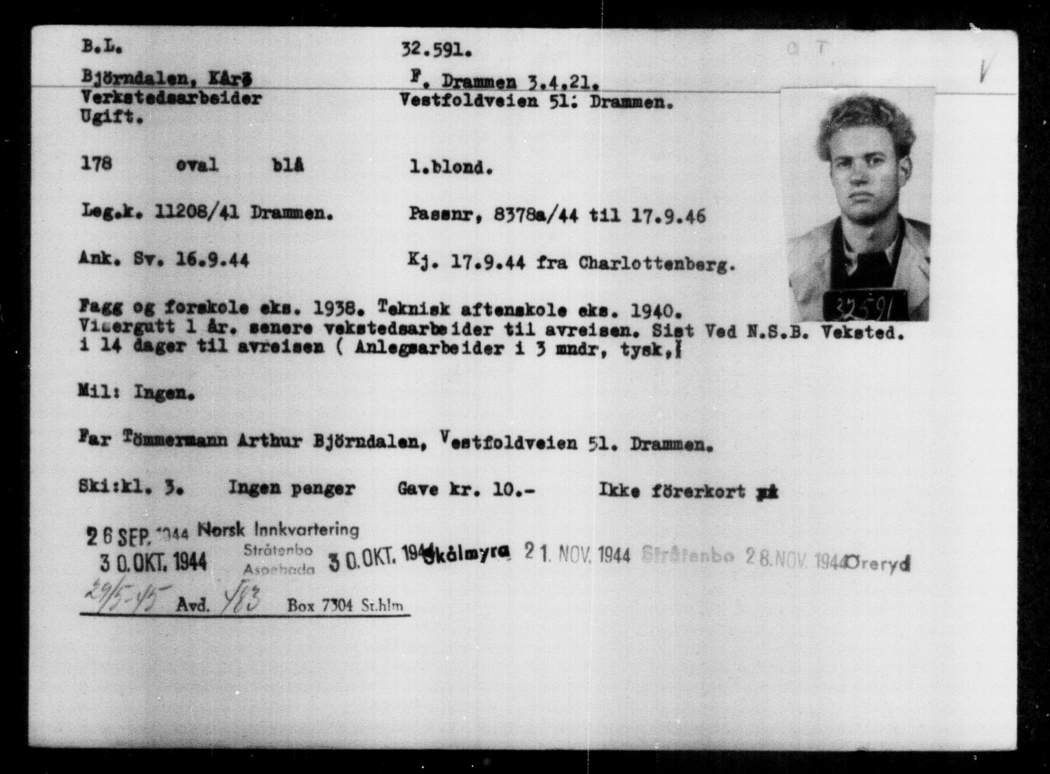 Utenriksstasjonene, Legasjonen i Stockholm, Flyktningkontoret, AV/RA-S-6753/V/Va/L0013: Kjesäterkartoteket, flyktninger med registreringsnr. 31500-34731, 1940-1945, p. 1151
