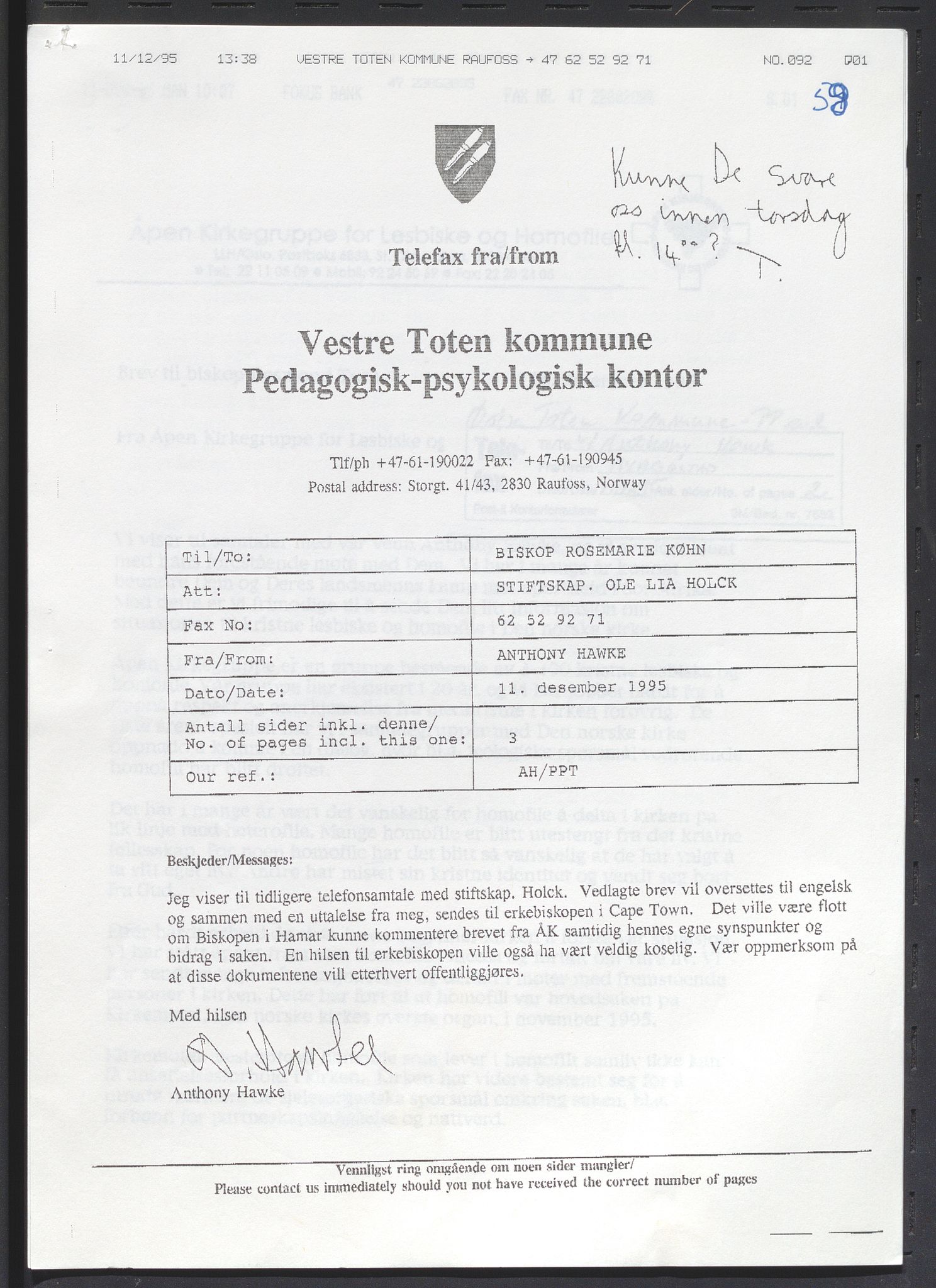 Hamar bispedømmeråd, SAH/BISPEDØMRÅD-002/D/Da/L0051: Sakarkiv ordnet etter arkivnøkkel, 1990-1998, p. 122