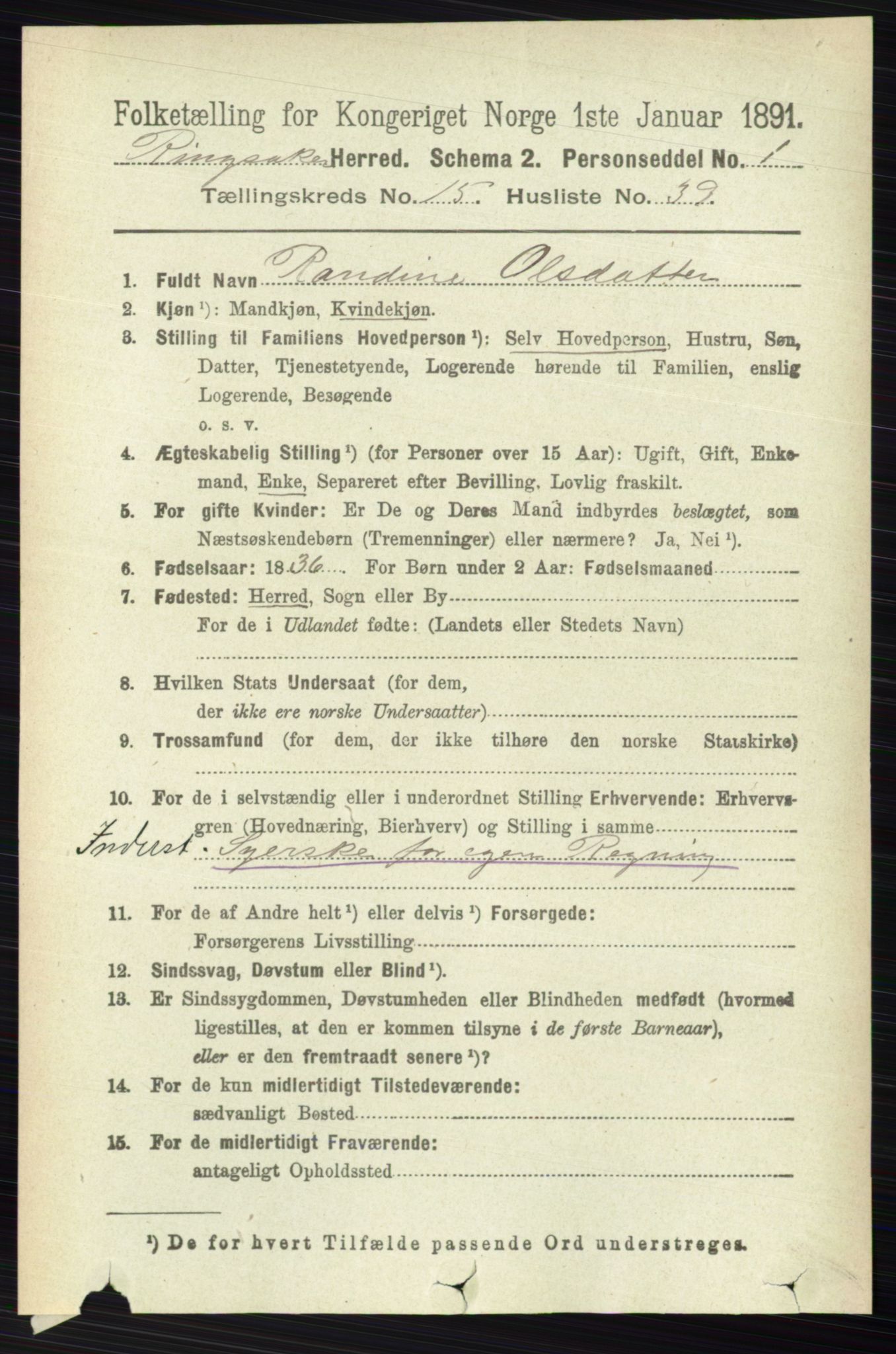 RA, 1891 census for 0412 Ringsaker, 1891, p. 8734