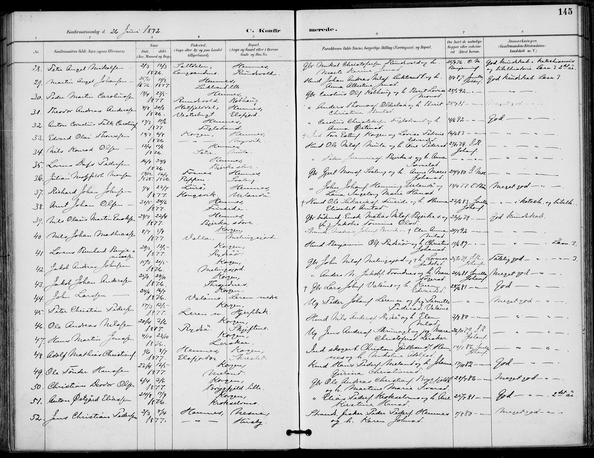 Ministerialprotokoller, klokkerbøker og fødselsregistre - Nordland, AV/SAT-A-1459/825/L0362: Parish register (official) no. 825A16, 1886-1908, p. 145