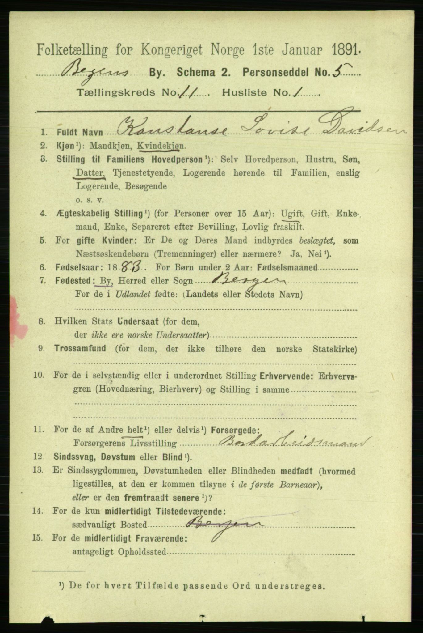 RA, 1891 Census for 1301 Bergen, 1891, p. 19820