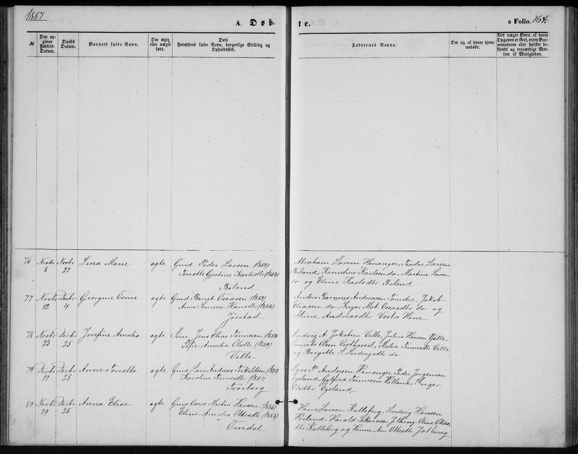 Lista sokneprestkontor, AV/SAK-1111-0027/F/Fb/L0004: Parish register (copy) no. B 4, 1877-1891, p. 164