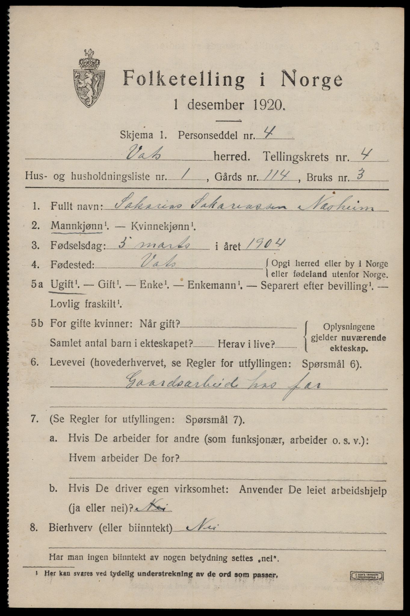 SAST, 1920 census for Vats, 1920, p. 1451