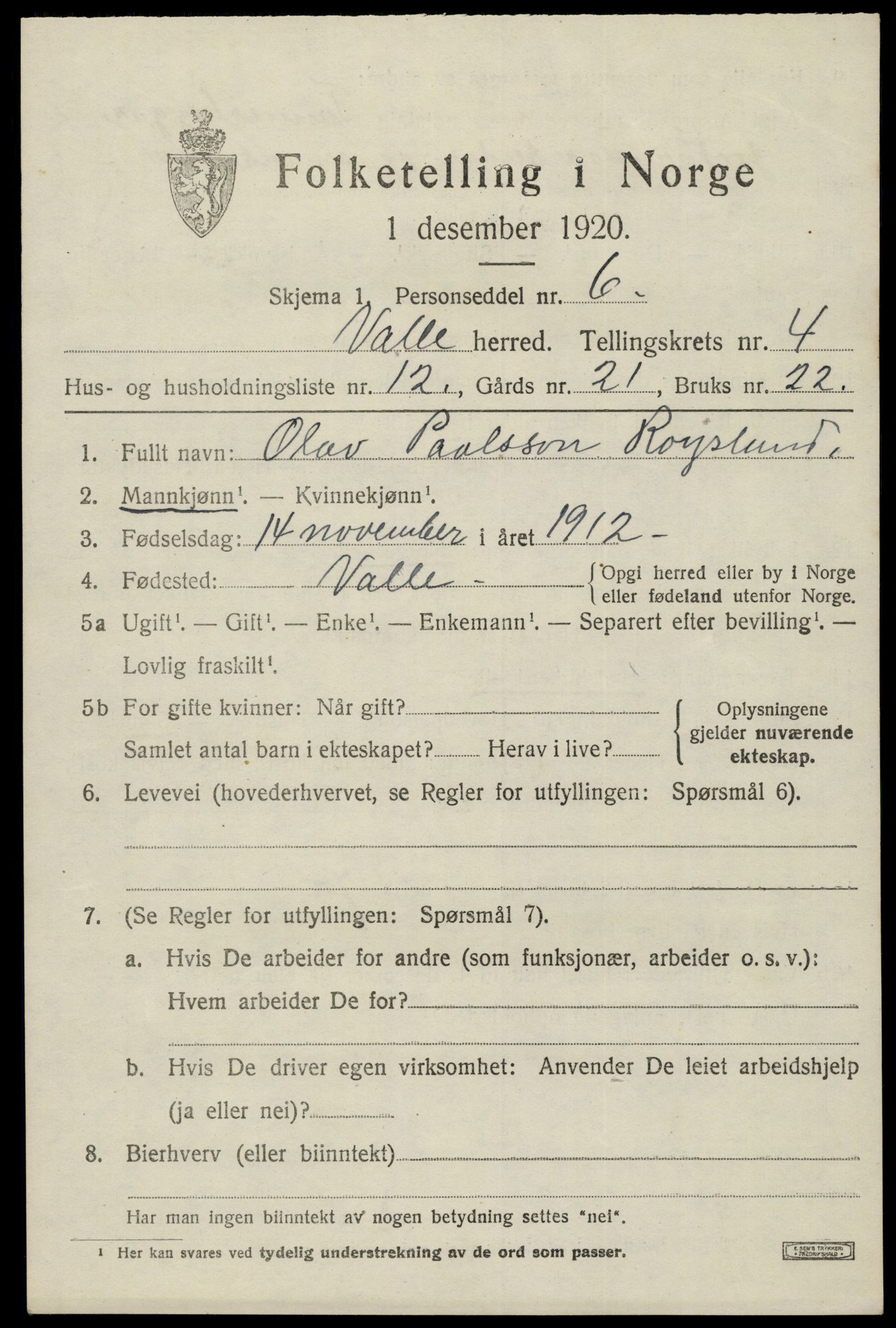SAK, 1920 census for Valle, 1920, p. 2123
