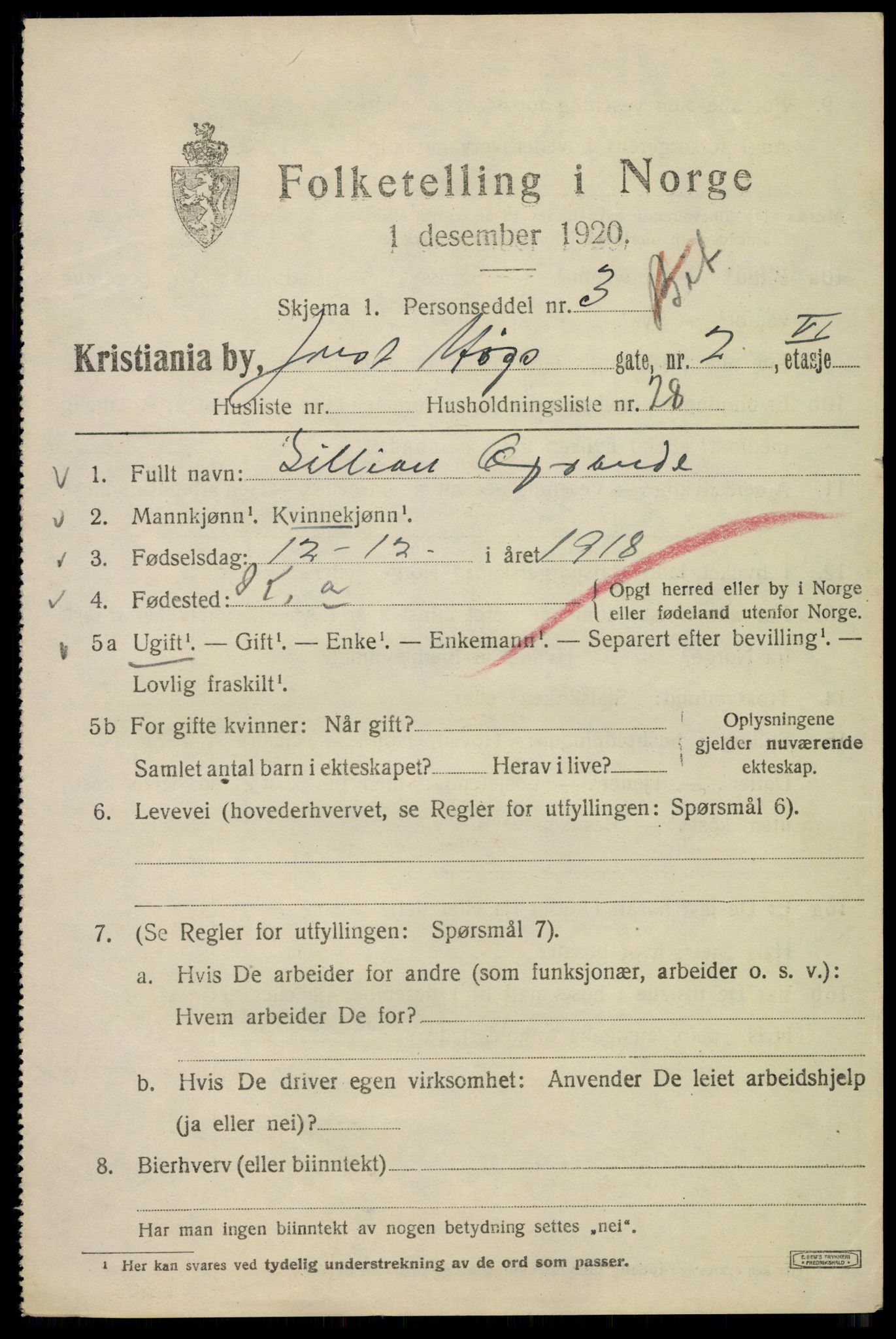 SAO, 1920 census for Kristiania, 1920, p. 325599