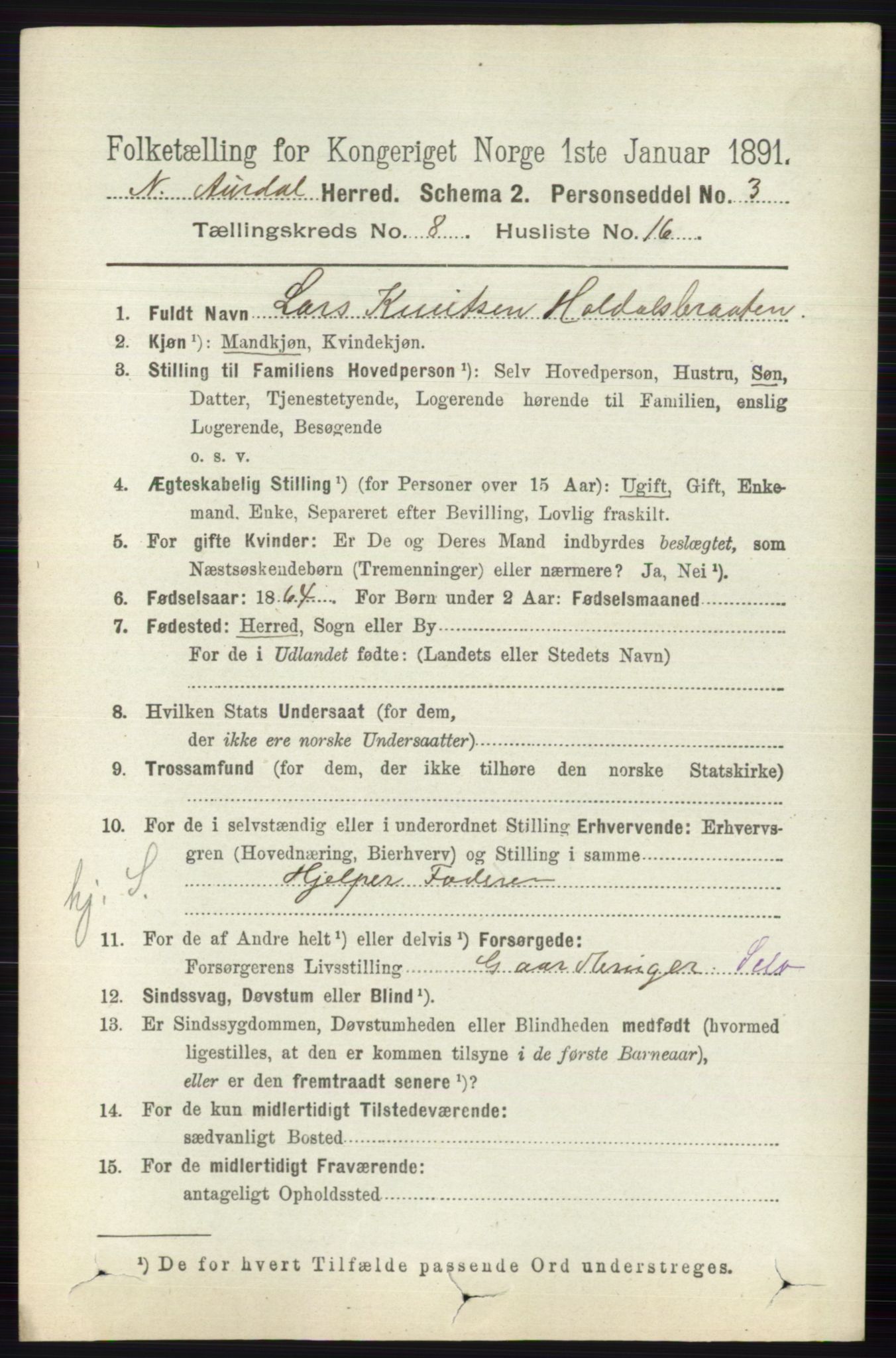 RA, 1891 census for 0542 Nord-Aurdal, 1891, p. 2897