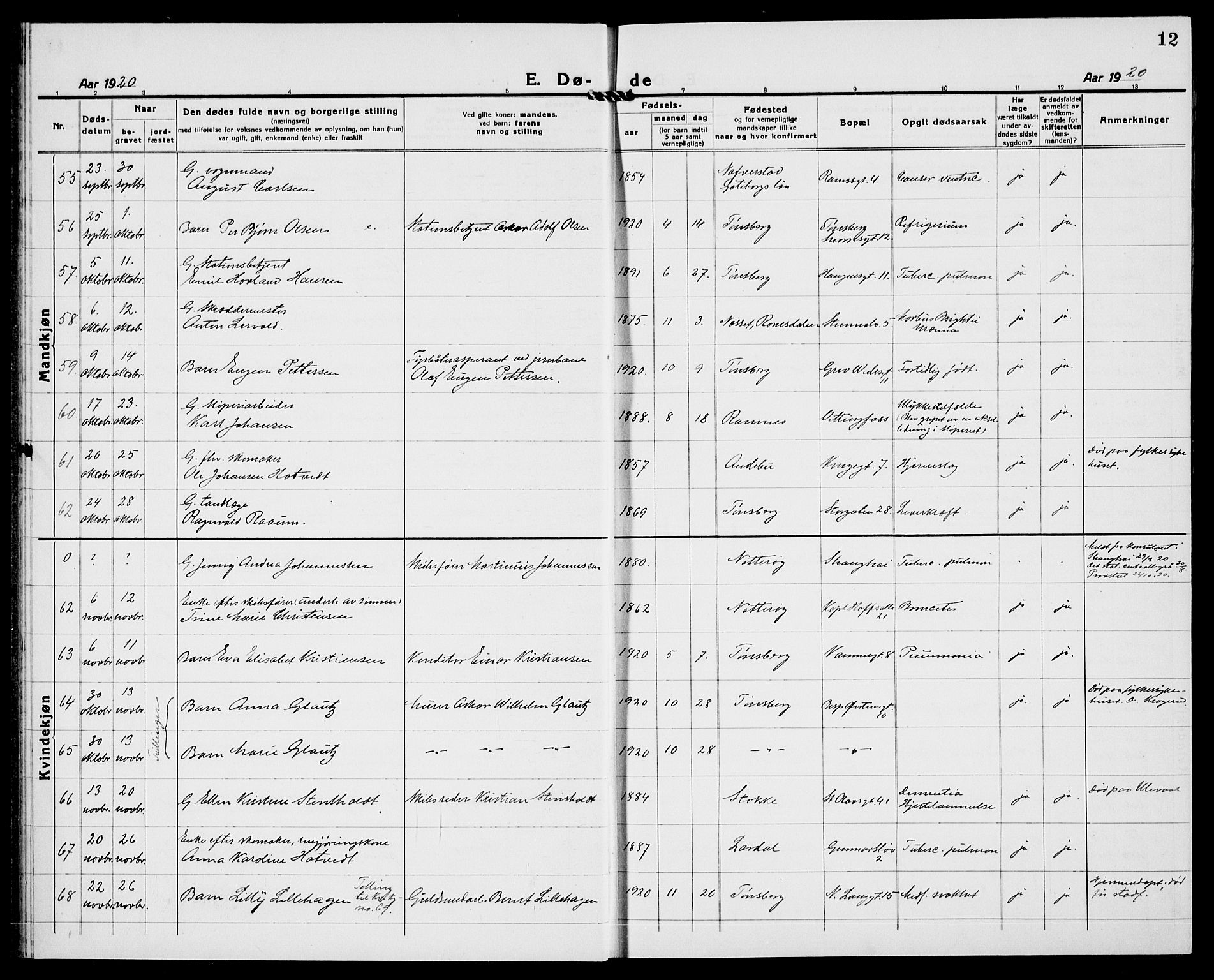 Tønsberg kirkebøker, AV/SAKO-A-330/G/Ga/L0018: Parish register (copy) no. 18, 1920-1935, p. 12