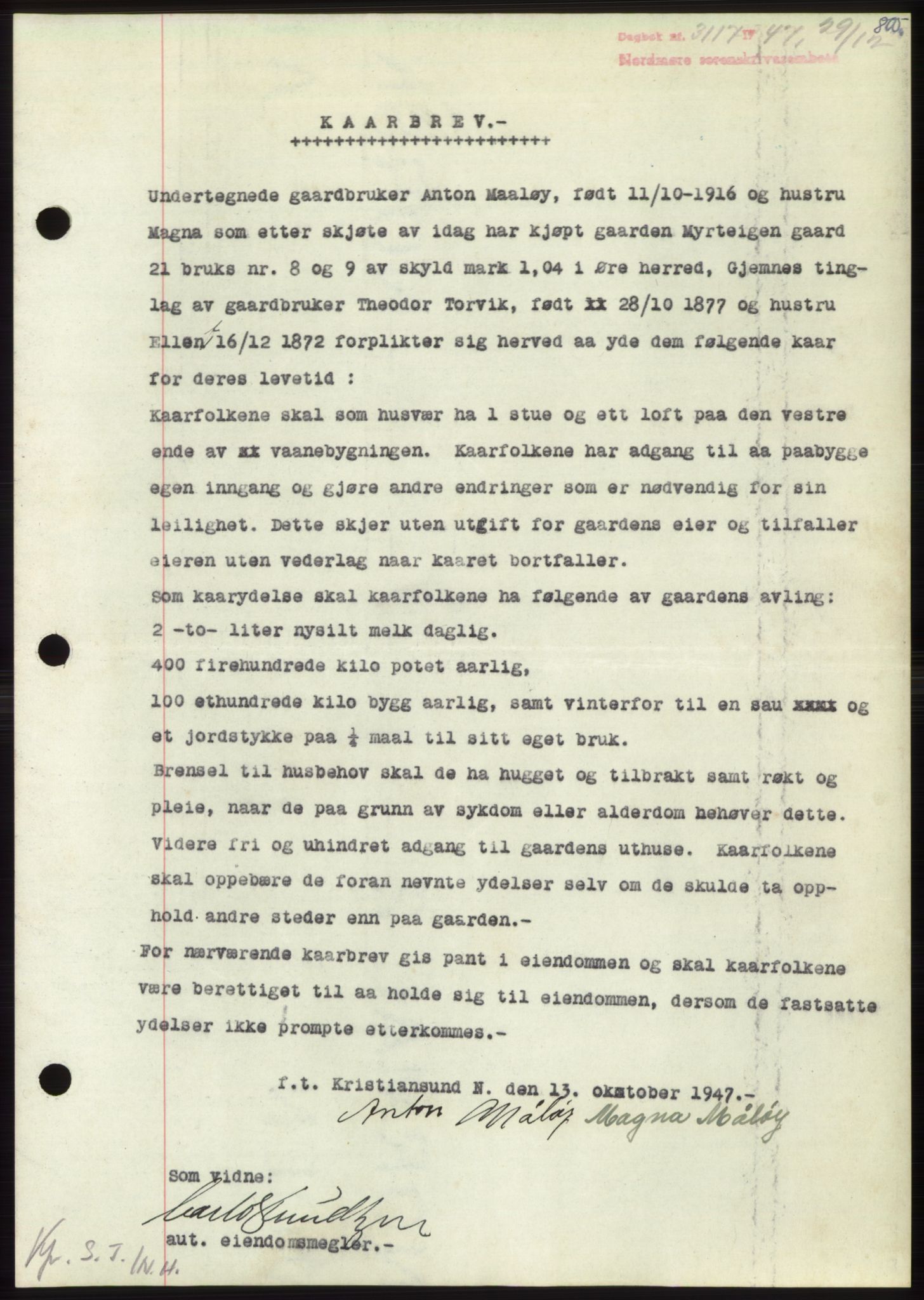 Nordmøre sorenskriveri, AV/SAT-A-4132/1/2/2Ca: Mortgage book no. B97, 1947-1948, Diary no: : 3117/1947