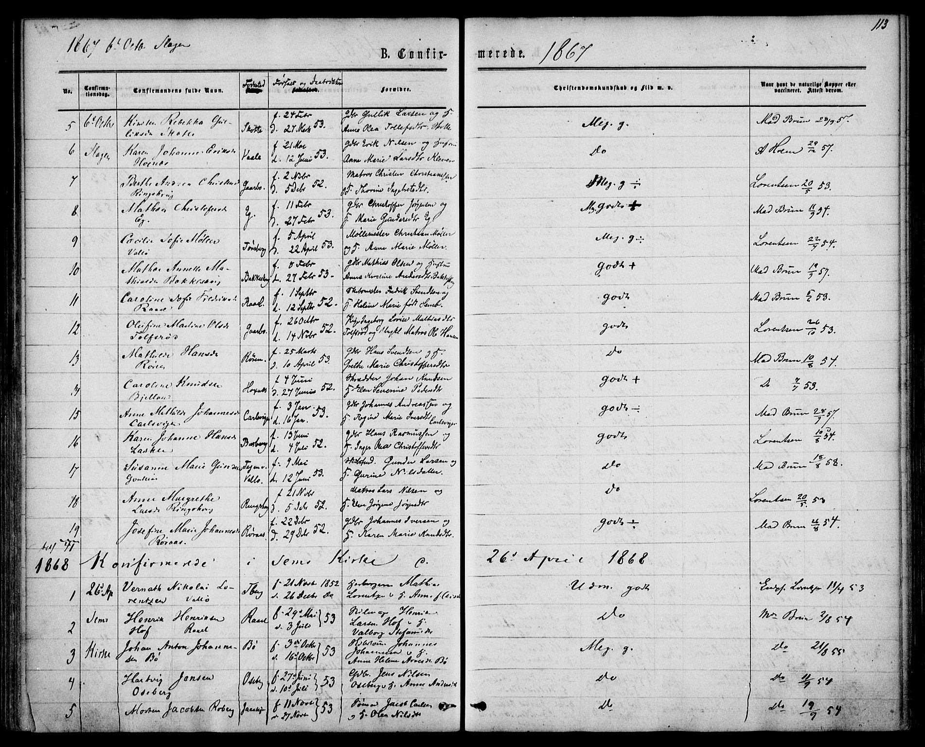Sem kirkebøker, SAKO/A-5/F/Fa/L0008: Parish register (official) no. I 8, 1866-1873, p. 113