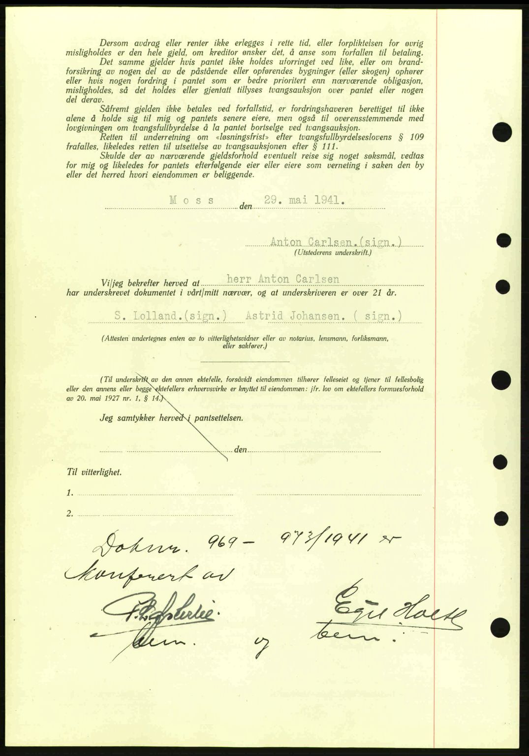 Moss sorenskriveri, AV/SAO-A-10168: Mortgage book no. B10, 1940-1941, Diary no: : 973/1941