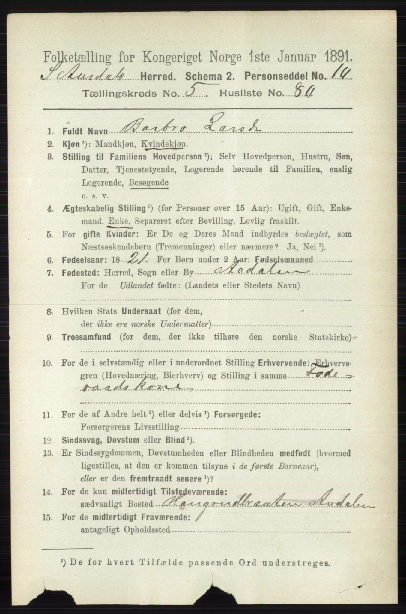 RA, 1891 census for 0540 Sør-Aurdal, 1891, p. 3721