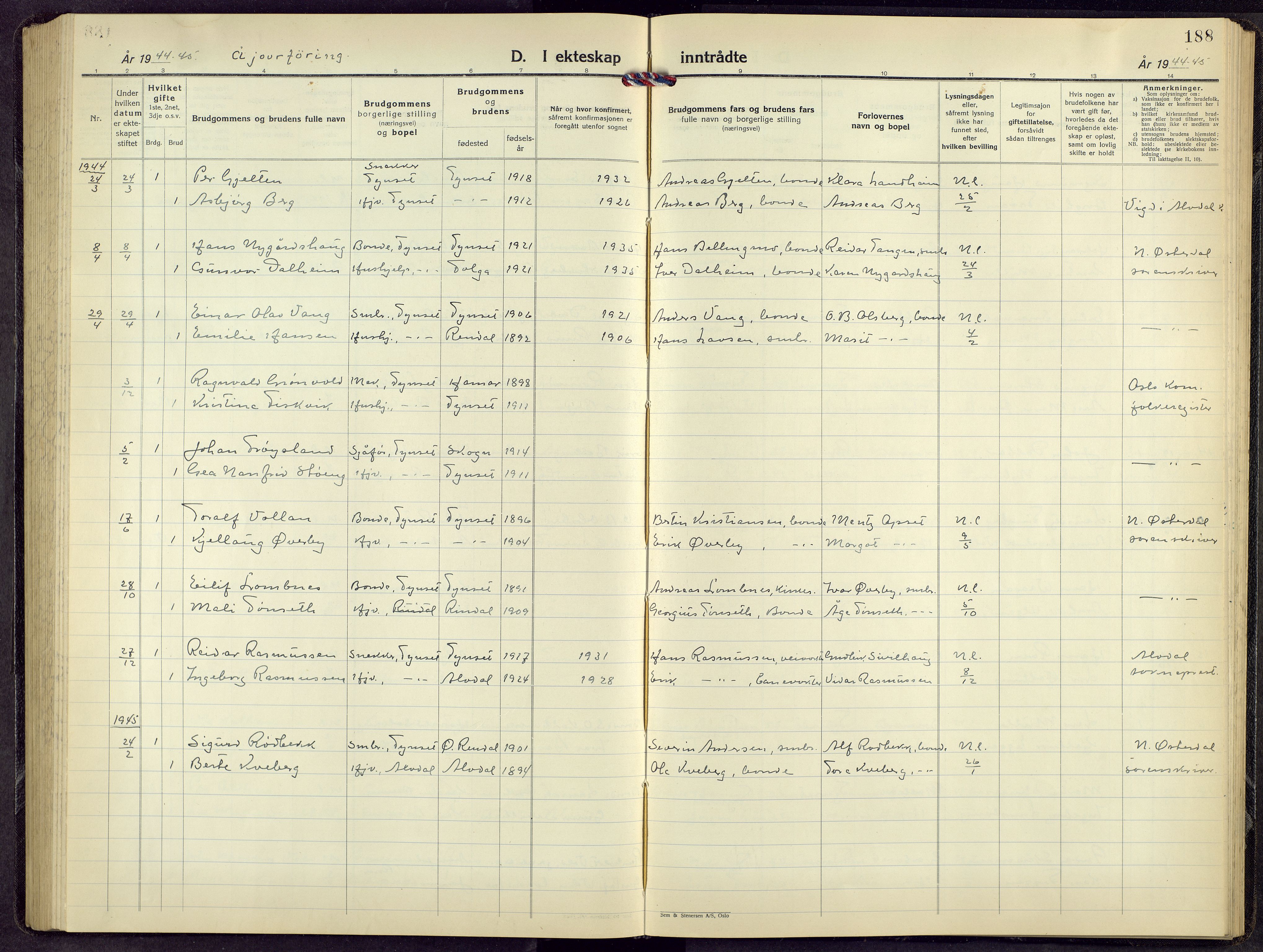Tynset prestekontor, AV/SAH-PREST-058/H/Ha/Hab/L0014: Parish register (copy) no. 14, 1944-1960, p. 188