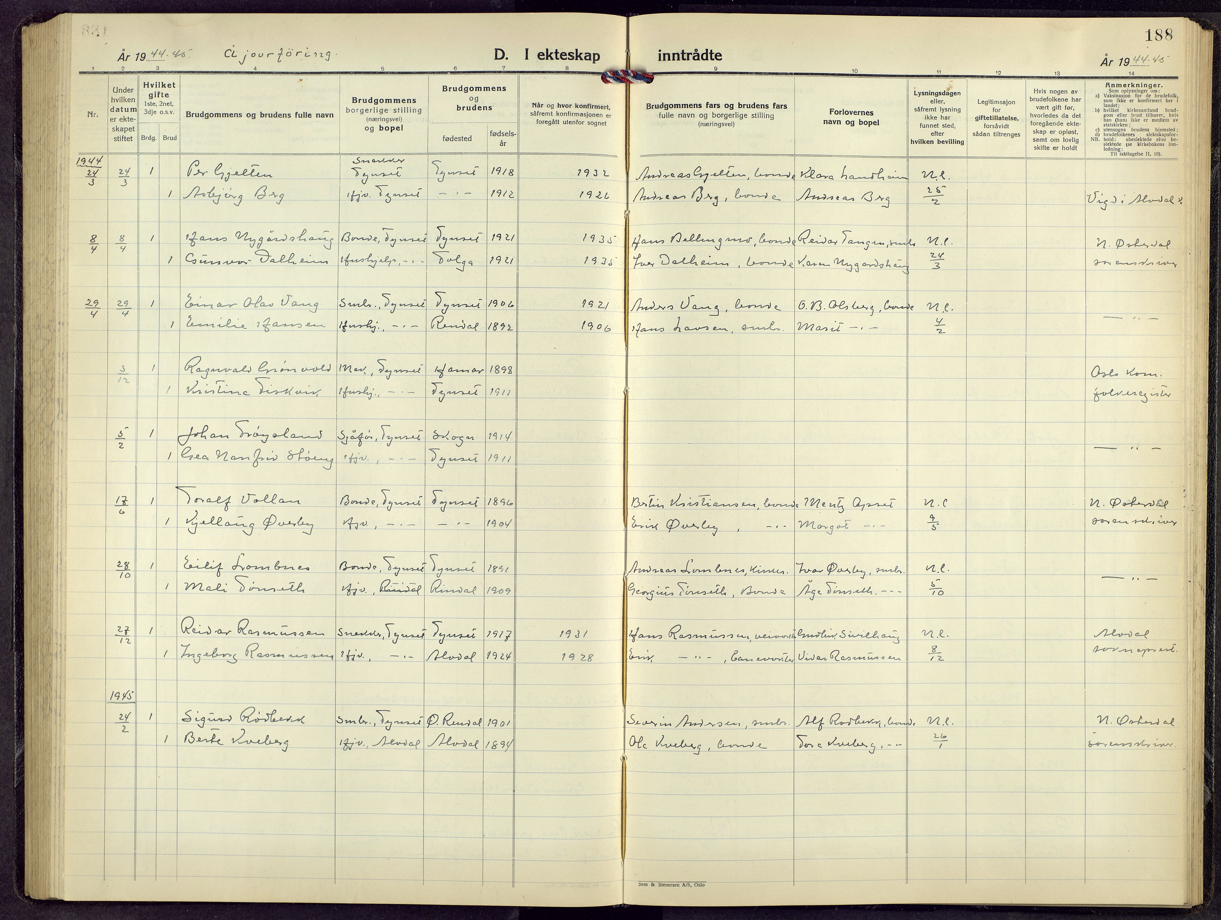 Tynset prestekontor, SAH/PREST-058/H/Ha/Hab/L0014: Parish register (copy) no. 14, 1944-1960, p. 188