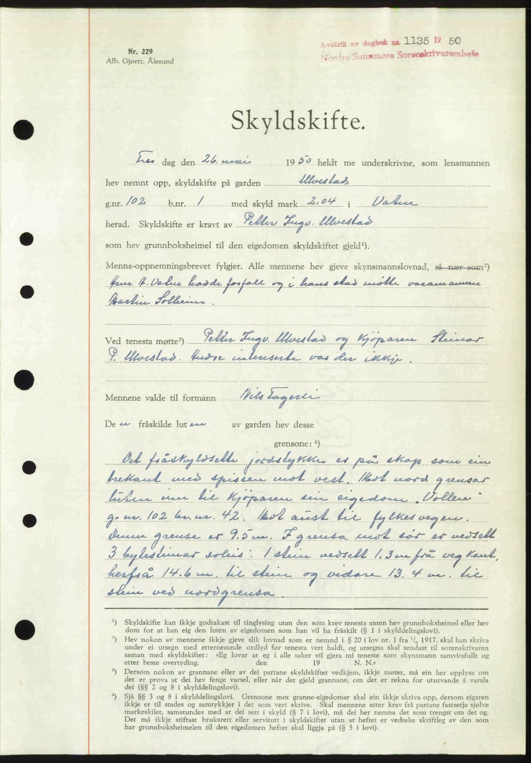 Nordre Sunnmøre sorenskriveri, AV/SAT-A-0006/1/2/2C/2Ca: Mortgage book no. A34, 1950-1950, Diary no: : 1135/1950