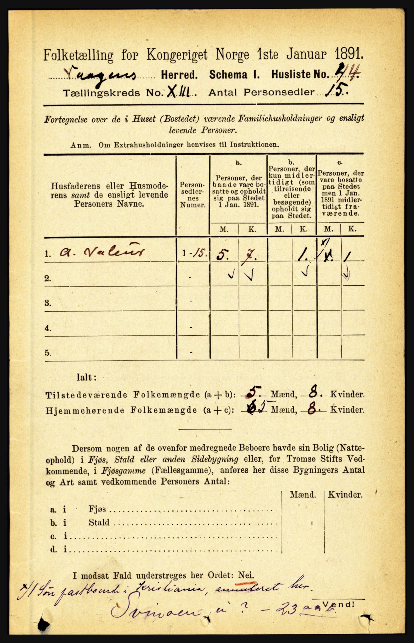 RA, 1891 census for 1865 Vågan, 1891, p. 3316