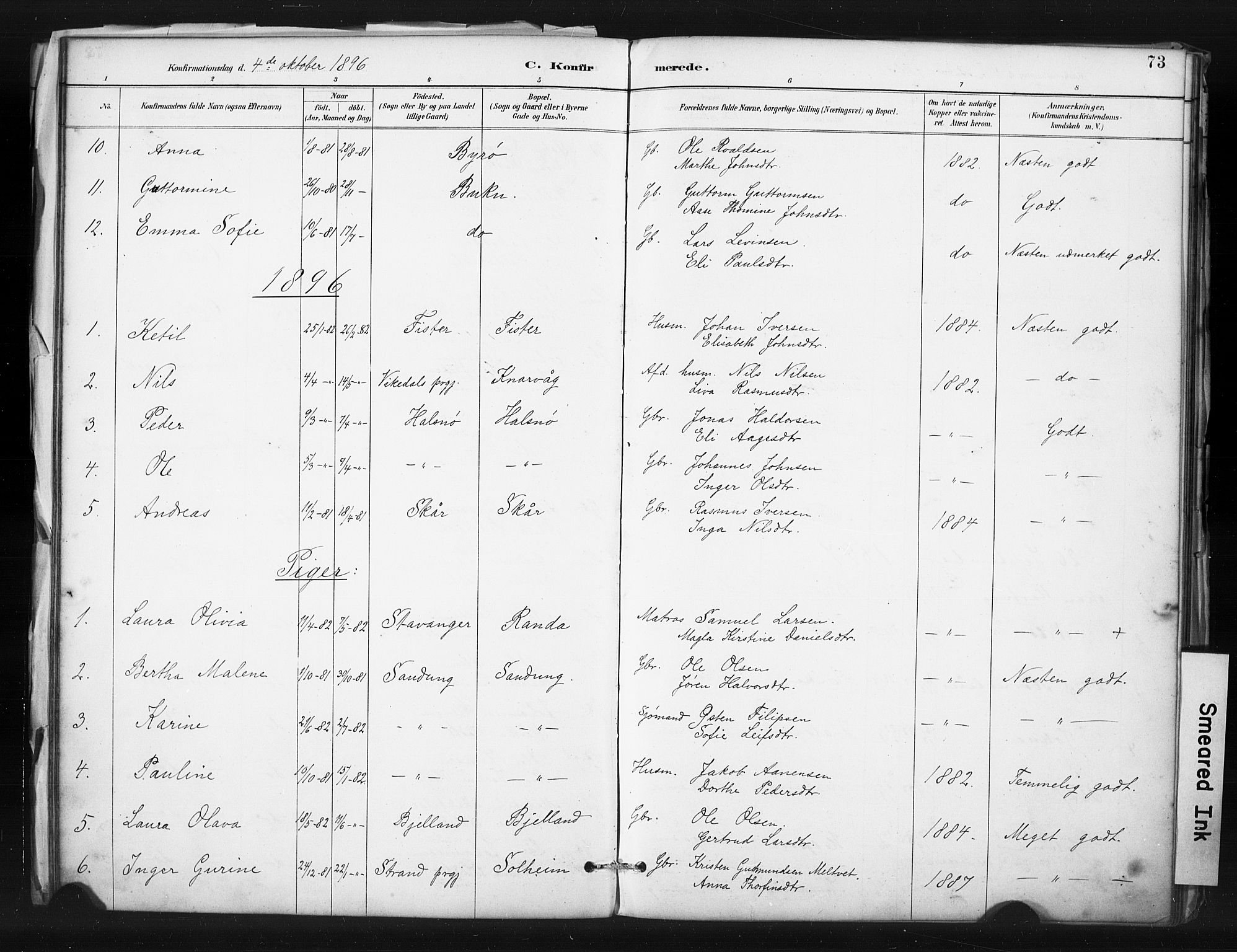 Hjelmeland sokneprestkontor, SAST/A-101843/01/IV/L0015: Parish register (official) no. A 15, 1887-1910, p. 73