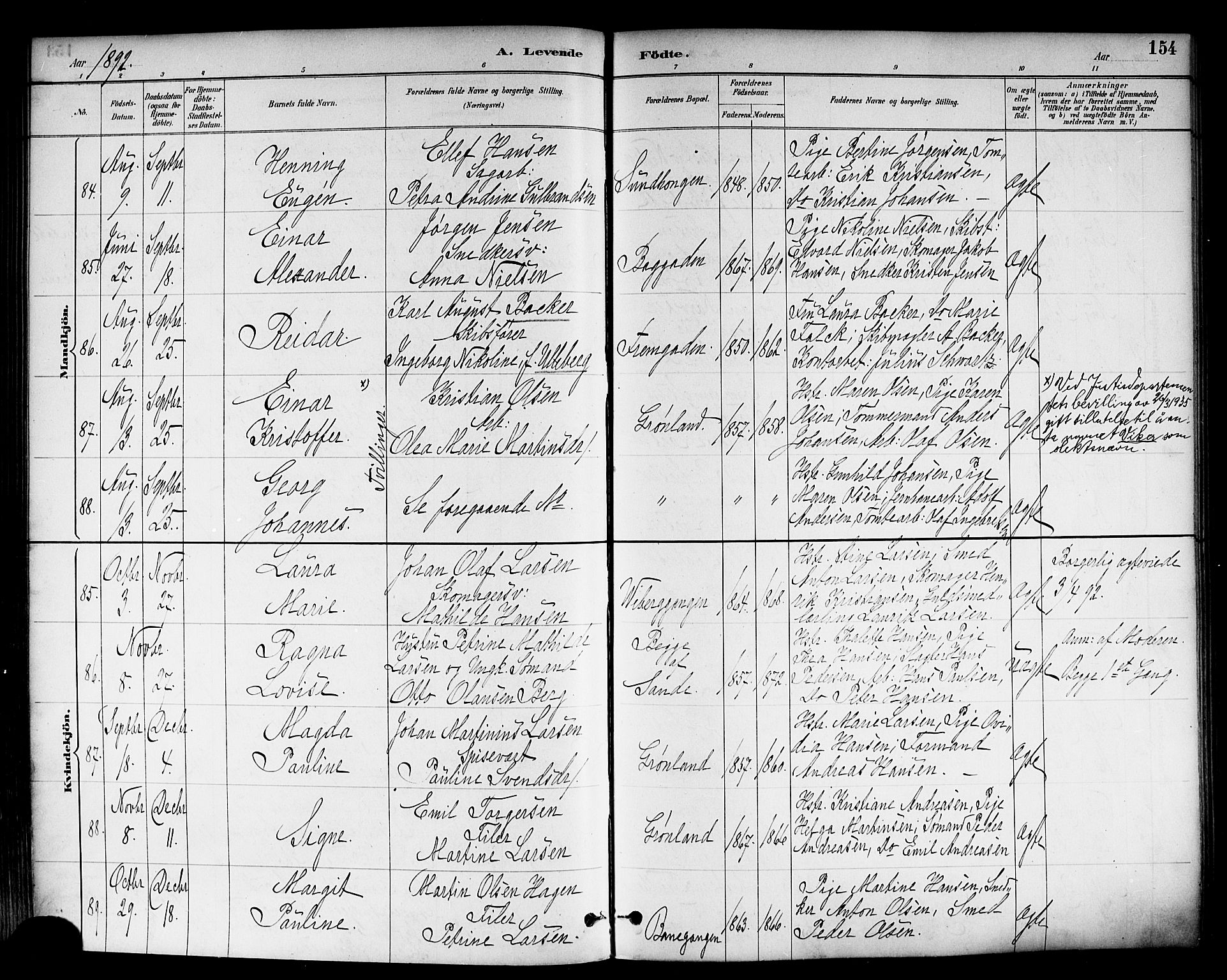 Strømsø kirkebøker, SAKO/A-246/F/Fa/L0023: Parish register (official) no. I 23, 1885-1894, p. 154