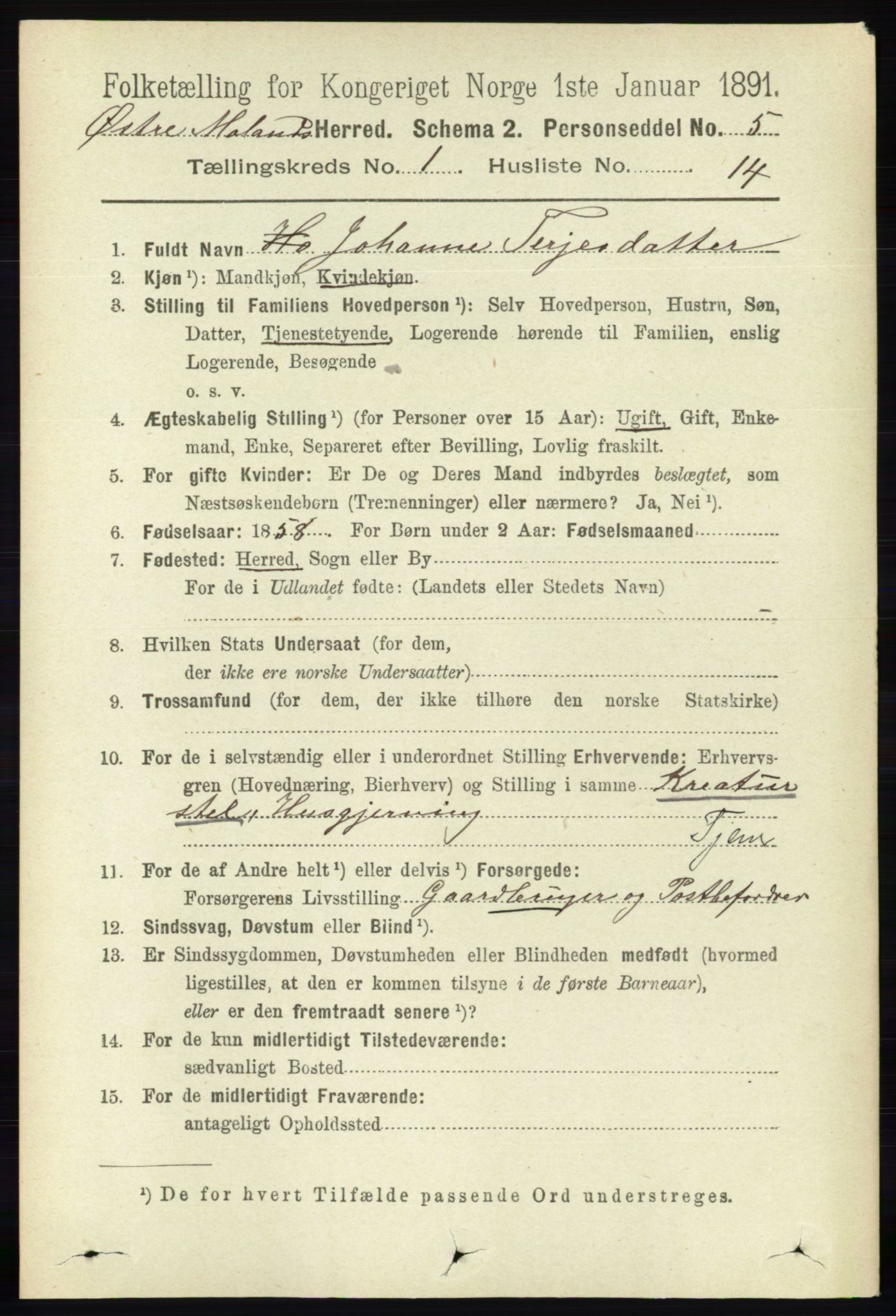 RA, 1891 census for 0918 Austre Moland, 1891, p. 175