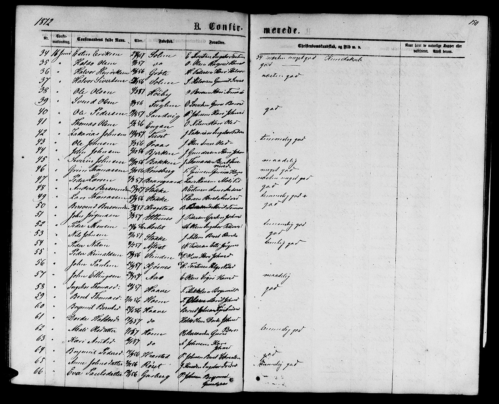 Ministerialprotokoller, klokkerbøker og fødselsregistre - Sør-Trøndelag, AV/SAT-A-1456/695/L1156: Parish register (copy) no. 695C07, 1869-1888, p. 150