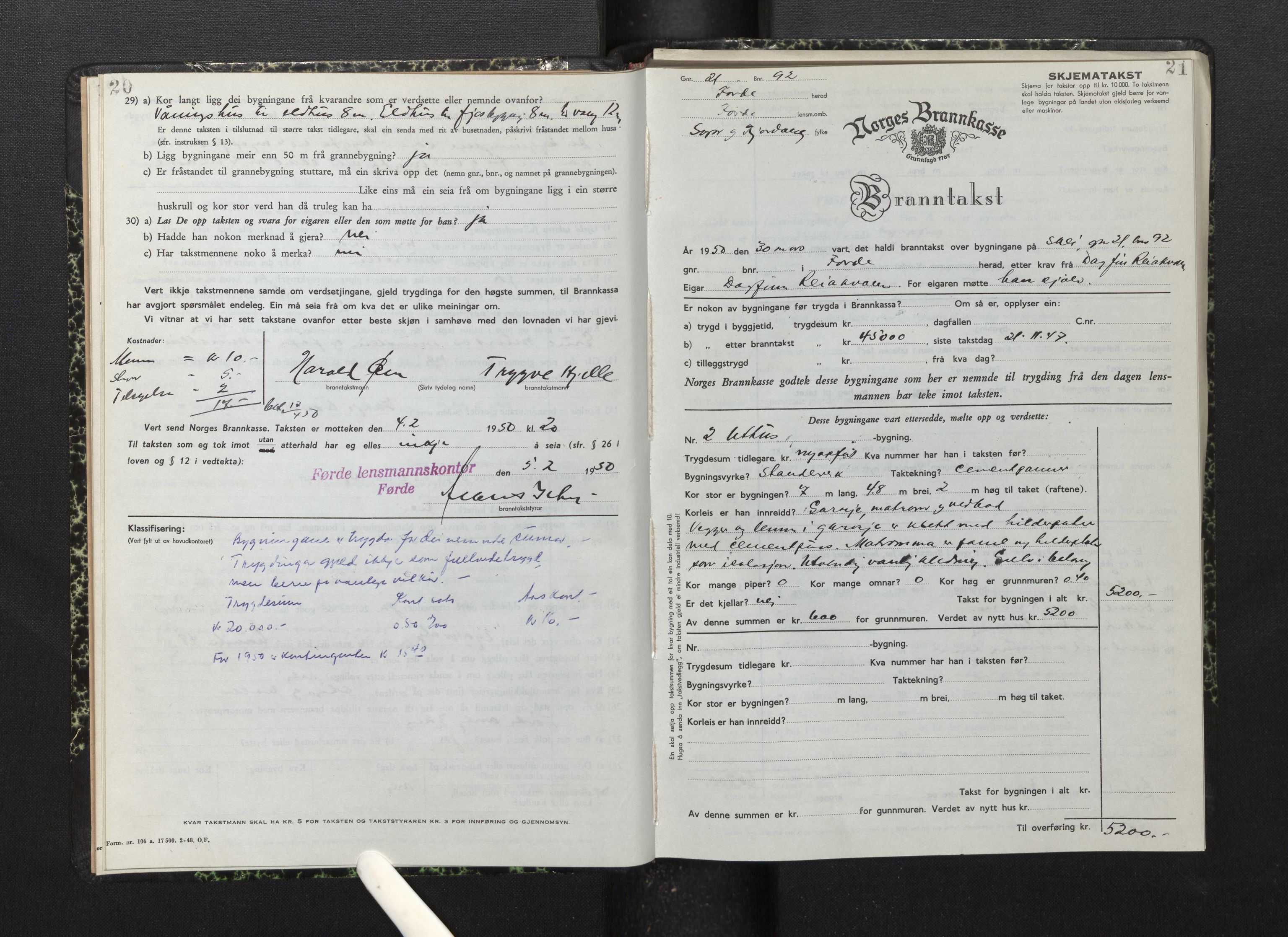 Lensmannen i Førde, AV/SAB-A-27401/0012/L0011: Branntakstprotokoll, skjematakst, 1948-1954, p. 20-21