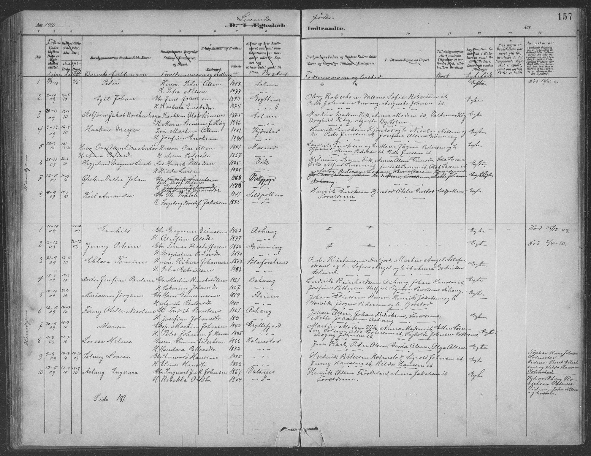 Ministerialprotokoller, klokkerbøker og fødselsregistre - Nordland, AV/SAT-A-1459/890/L1290: Parish register (copy) no. 890C01, 1882-1911, p. 157