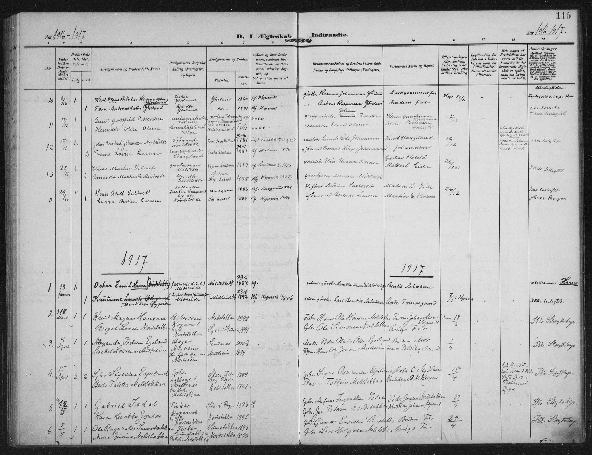 Kopervik sokneprestkontor, AV/SAST-A-101850/H/Ha/Haa/L0003: Parish register (official) no. A 3, 1906-1924, p. 115