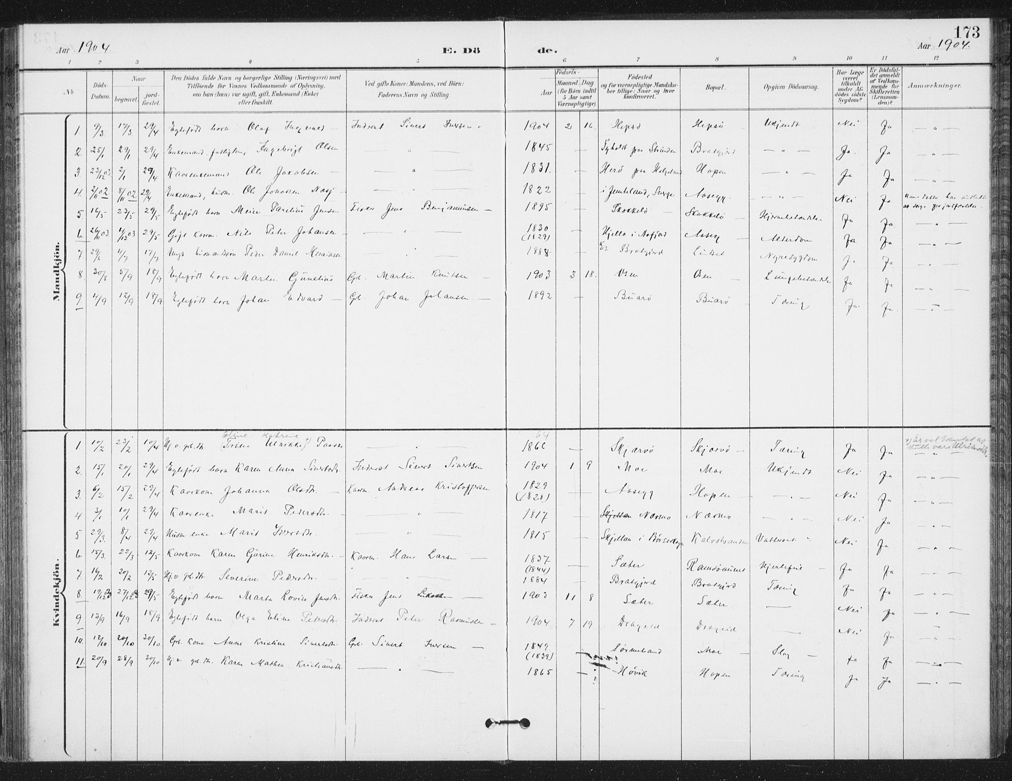 Ministerialprotokoller, klokkerbøker og fødselsregistre - Sør-Trøndelag, SAT/A-1456/658/L0723: Parish register (official) no. 658A02, 1897-1912, p. 173