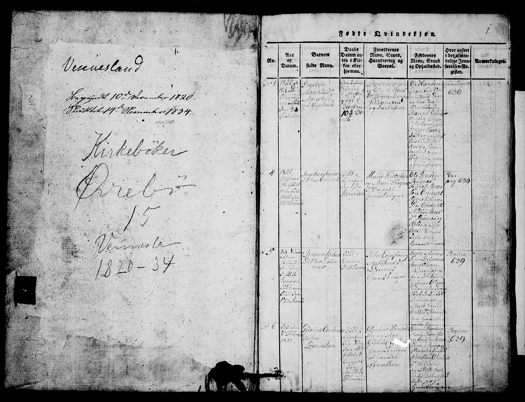 Vennesla sokneprestkontor, AV/SAK-1111-0045/Fb/Fbb/L0001: Parish register (copy) no. B 1, 1820-1834