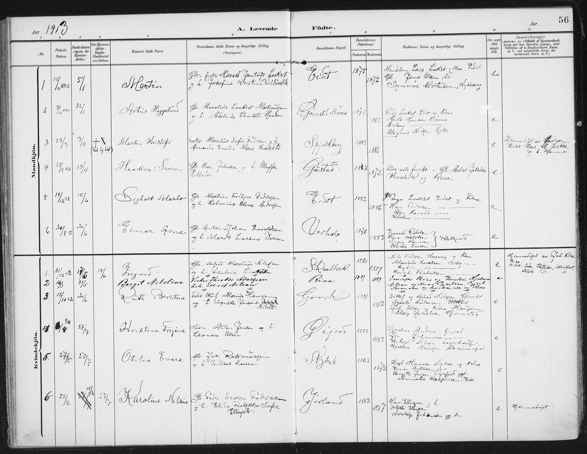 Ministerialprotokoller, klokkerbøker og fødselsregistre - Nordland, AV/SAT-A-1459/892/L1321: Parish register (official) no. 892A02, 1902-1918, p. 56