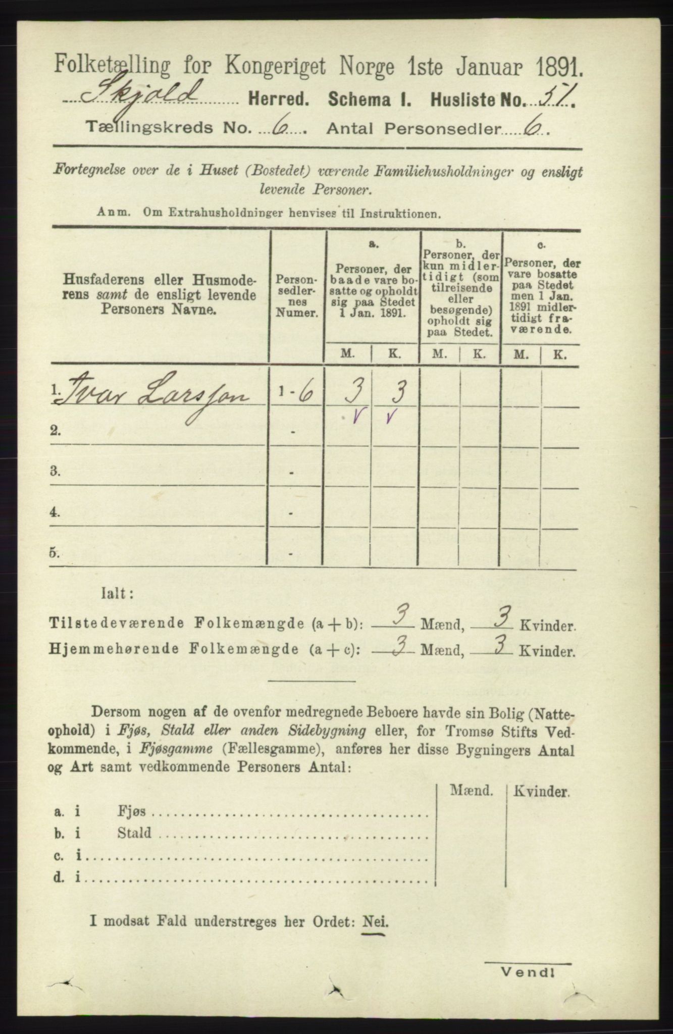 RA, 1891 census for 1154 Skjold, 1891, p. 1000