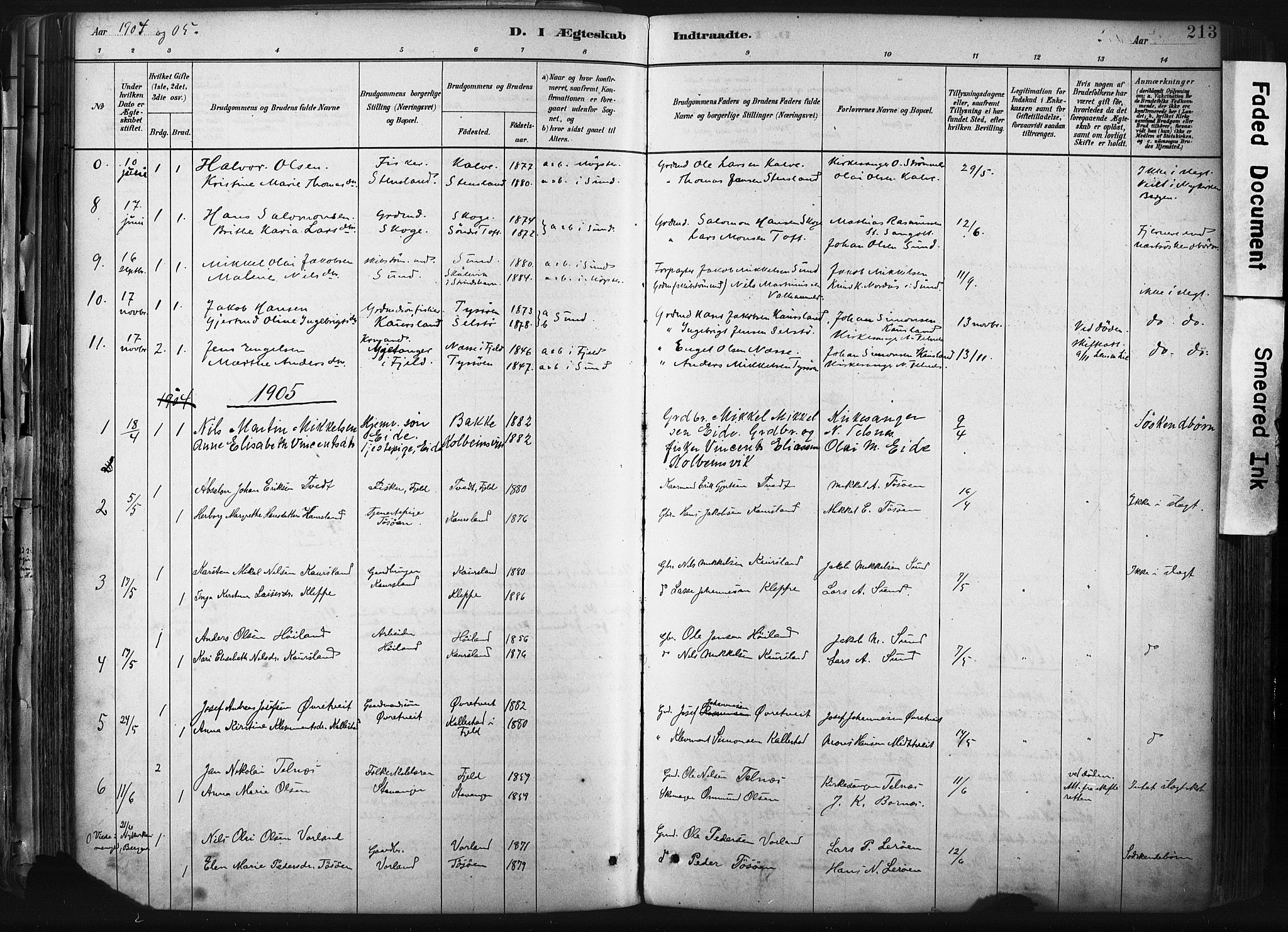 Sund sokneprestembete, AV/SAB-A-99930: Parish register (official) no. B 1, 1882-1907, p. 213