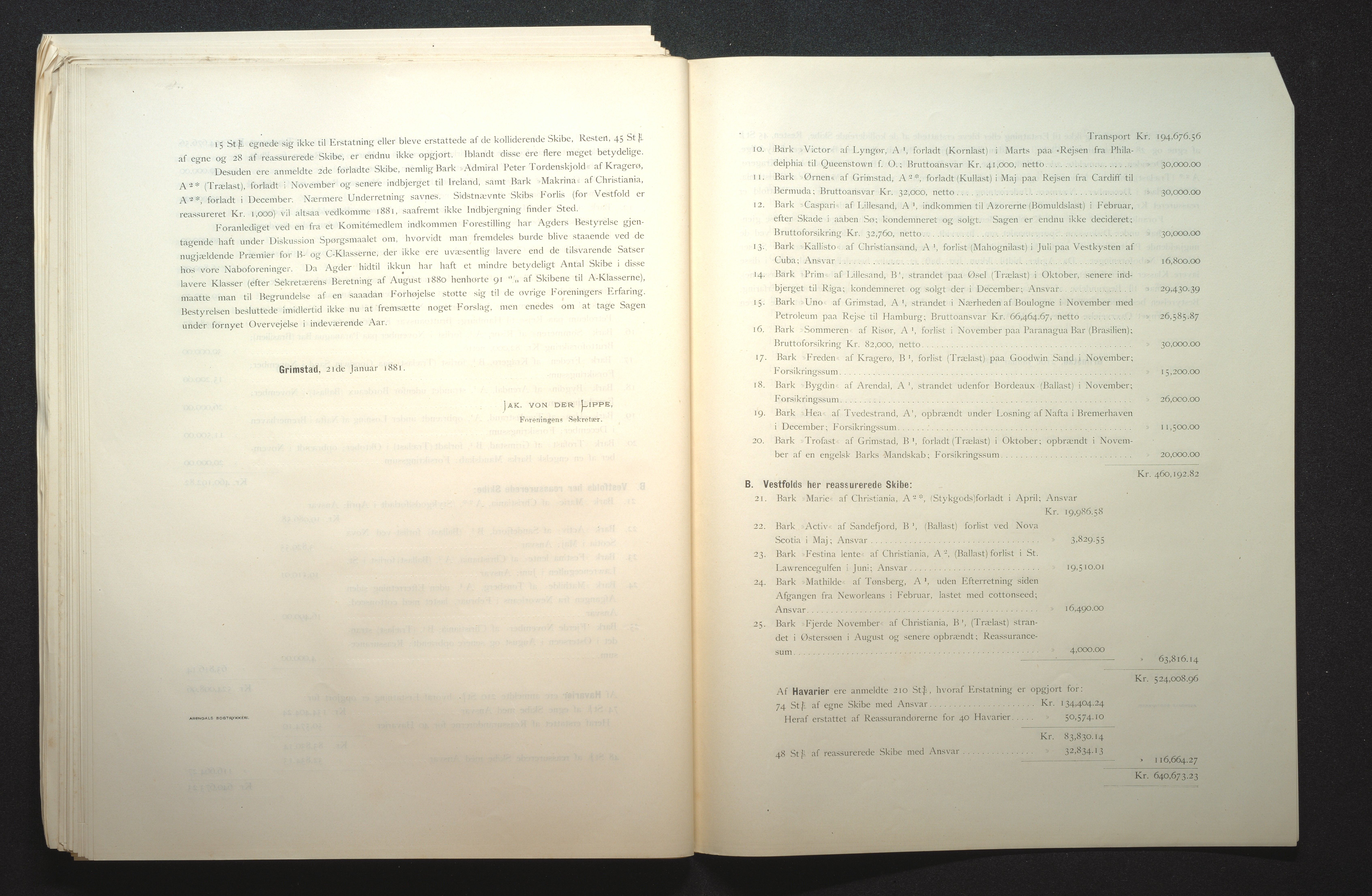 Agders Gjensidige Assuranceforening, AAKS/PA-1718/05/L0001: Regnskap, seilavdeling, pakkesak, 1855-1880