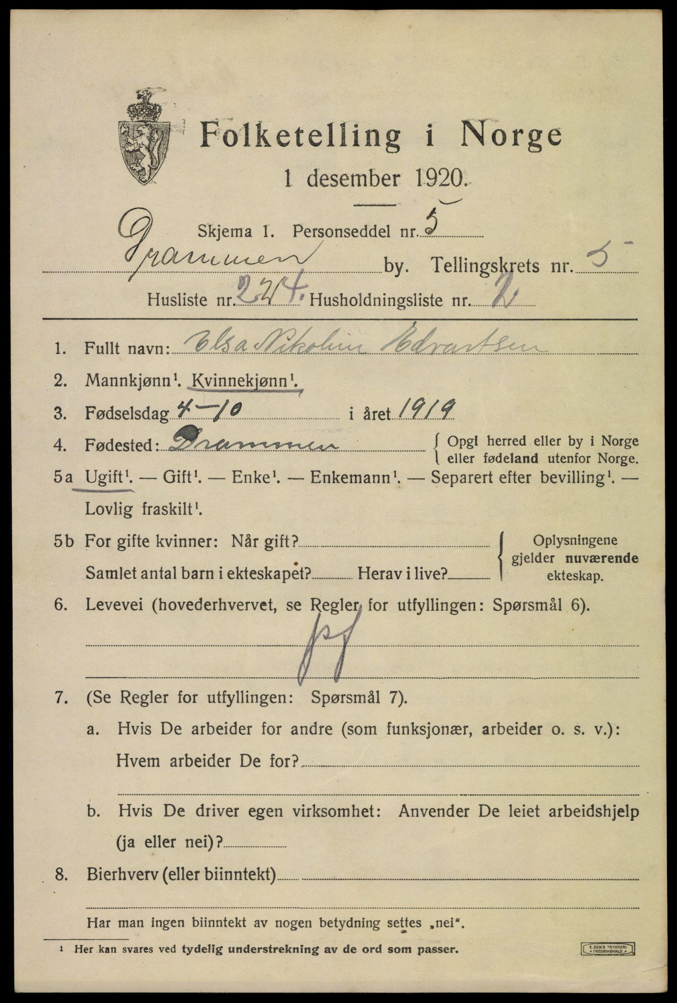 SAKO, 1920 census for Drammen, 1920, p. 40613