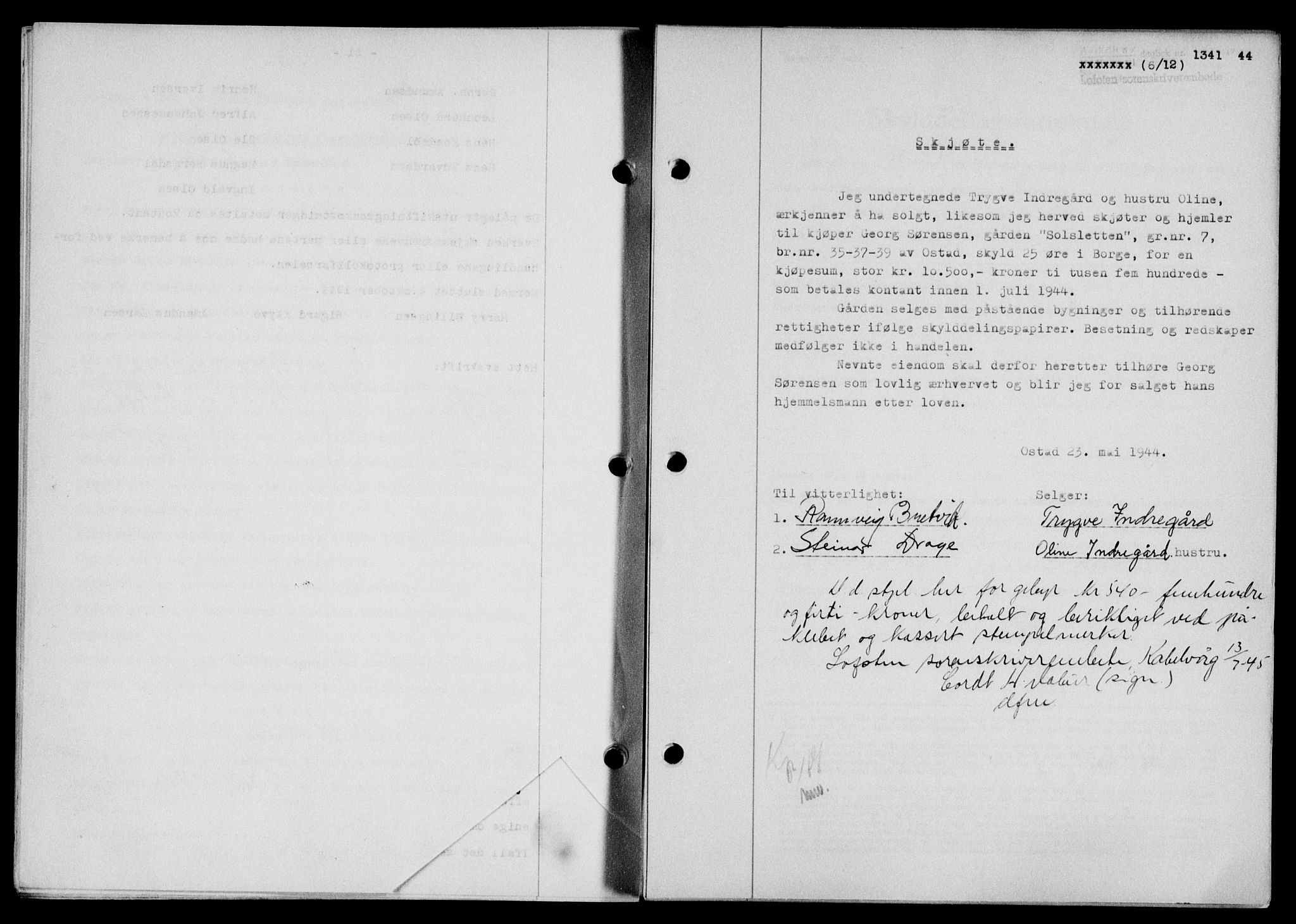 Lofoten sorenskriveri, SAT/A-0017/1/2/2C/L0013a: Mortgage book no. 13a, 1944-1946, Diary no: : 1341/1944