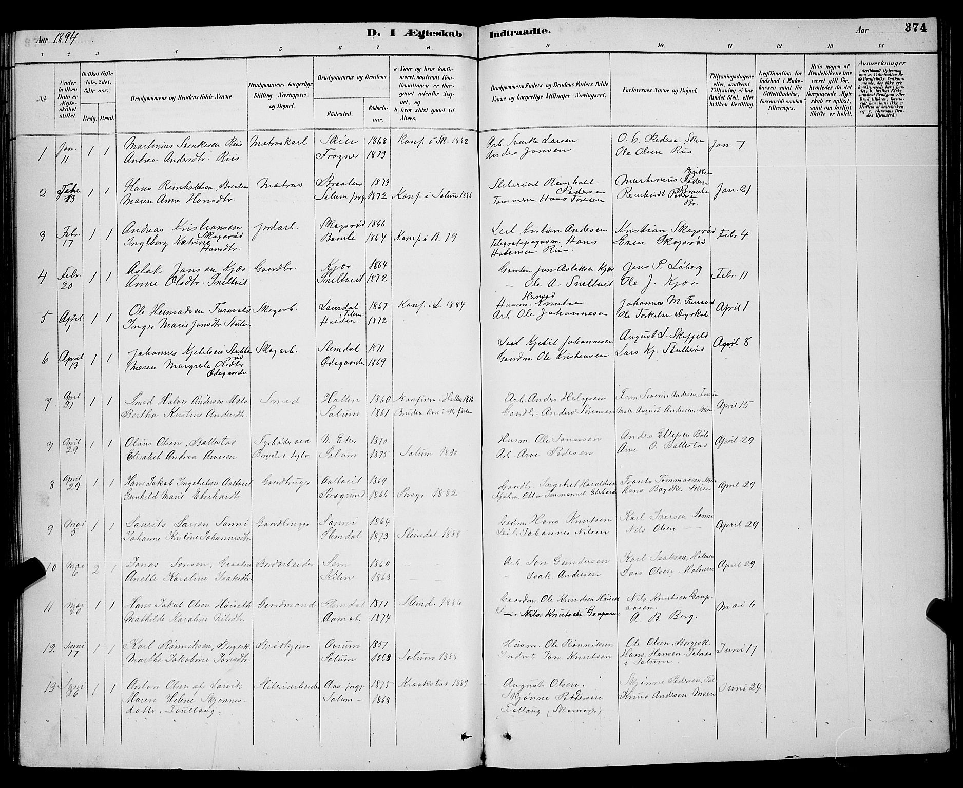 Gjerpen kirkebøker, SAKO/A-265/G/Ga/L0002: Parish register (copy) no. I 2, 1883-1900, p. 374